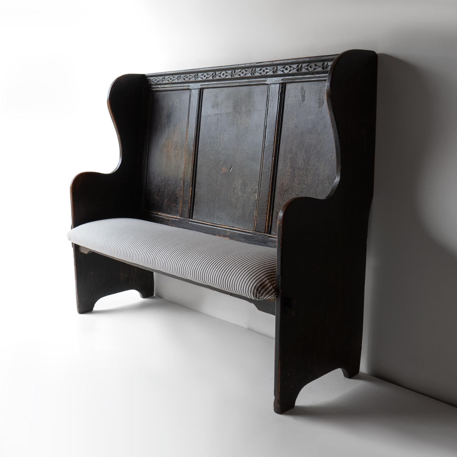 Antique Carved Ebonised Oak Settle, Bench With Upholstered Seat, 19th Century In Good Condition In Bristol, GB