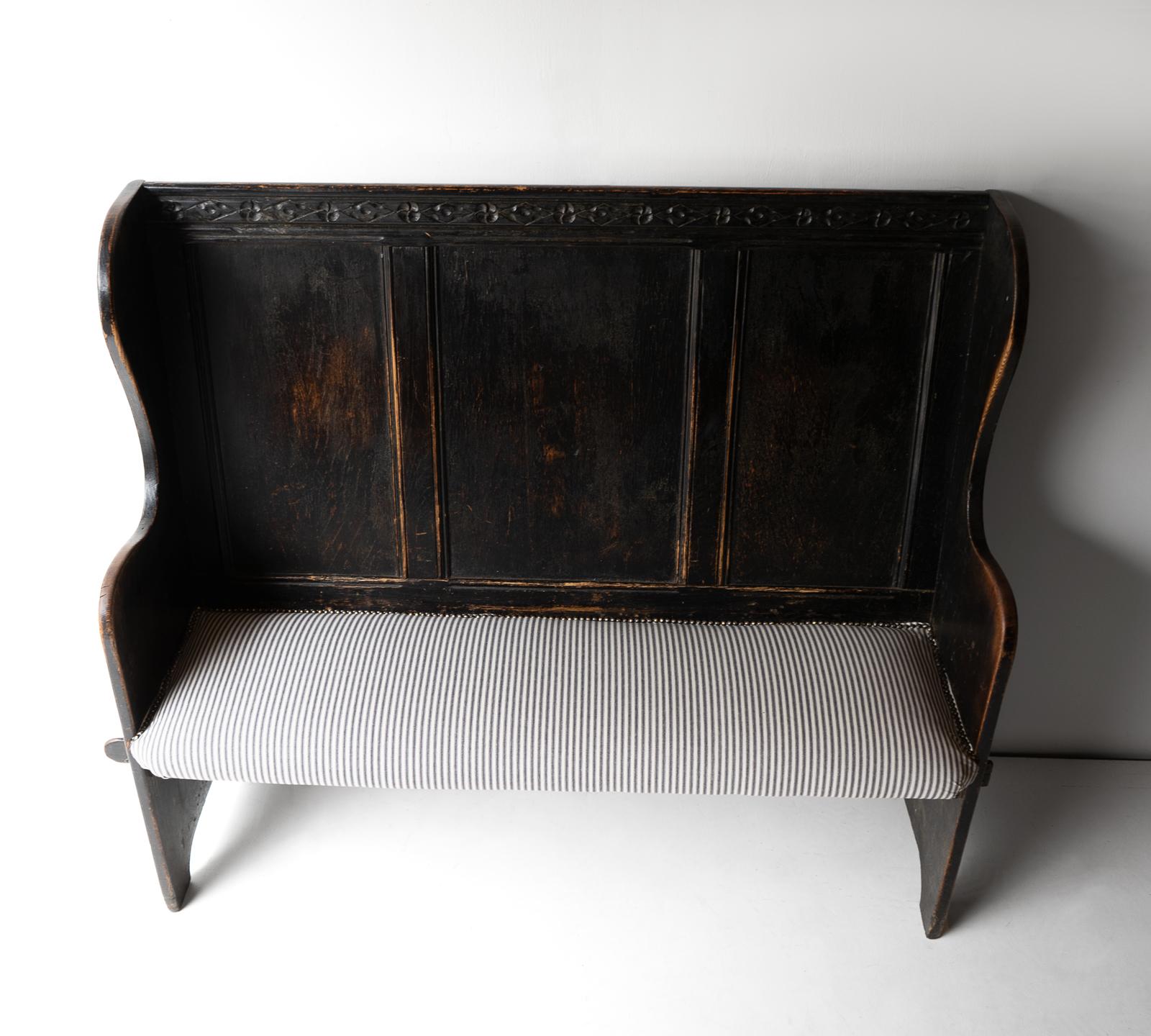 Antique Carved Ebonised Oak Settle, Bench With Upholstered Seat, 19th Century 5