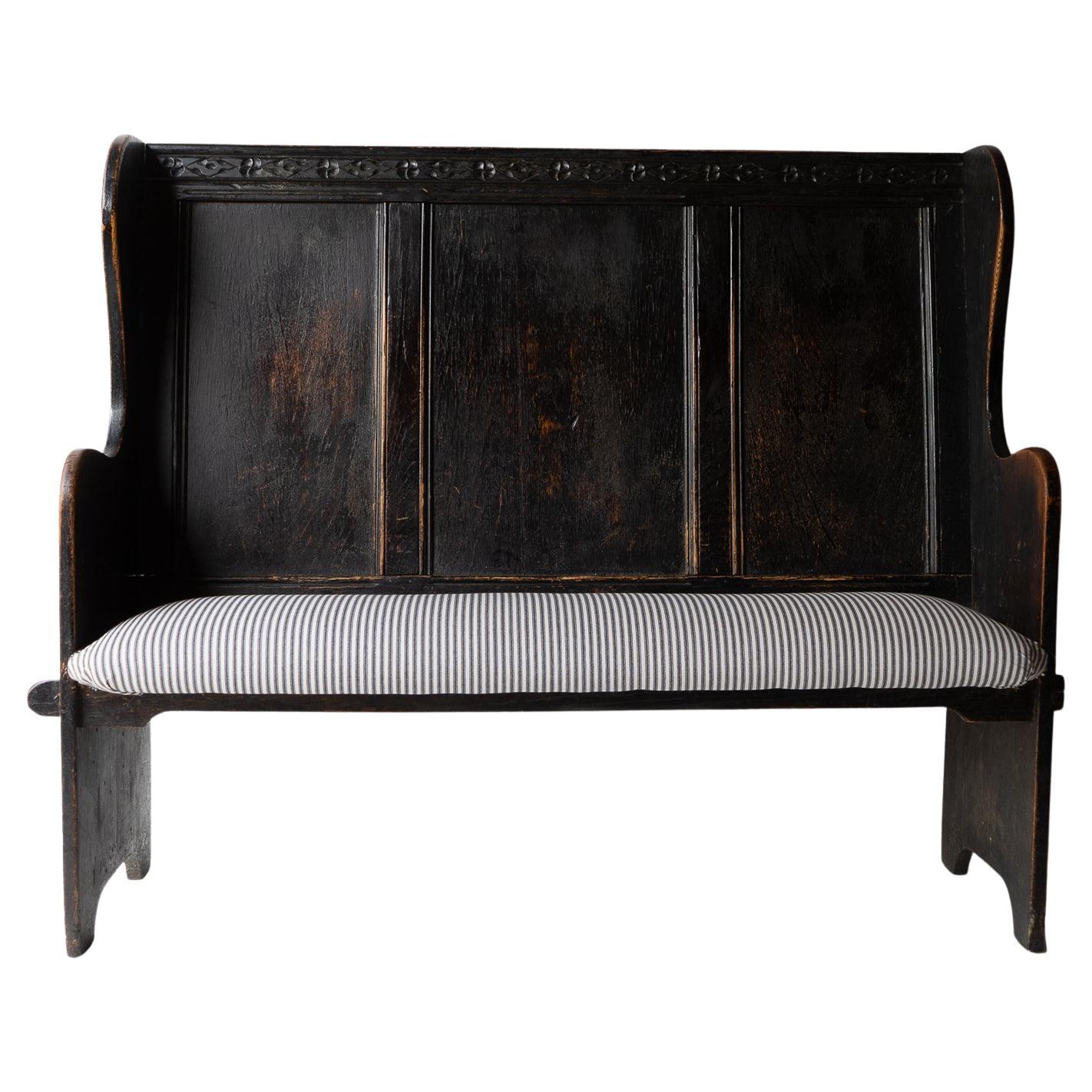 Antique Carved Ebonised Oak Settle, Bench With Upholstered Seat, 19th Century