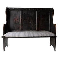 Antique Carved Ebonised Oak Settle, Bench With Upholstered Seat, 19th Century