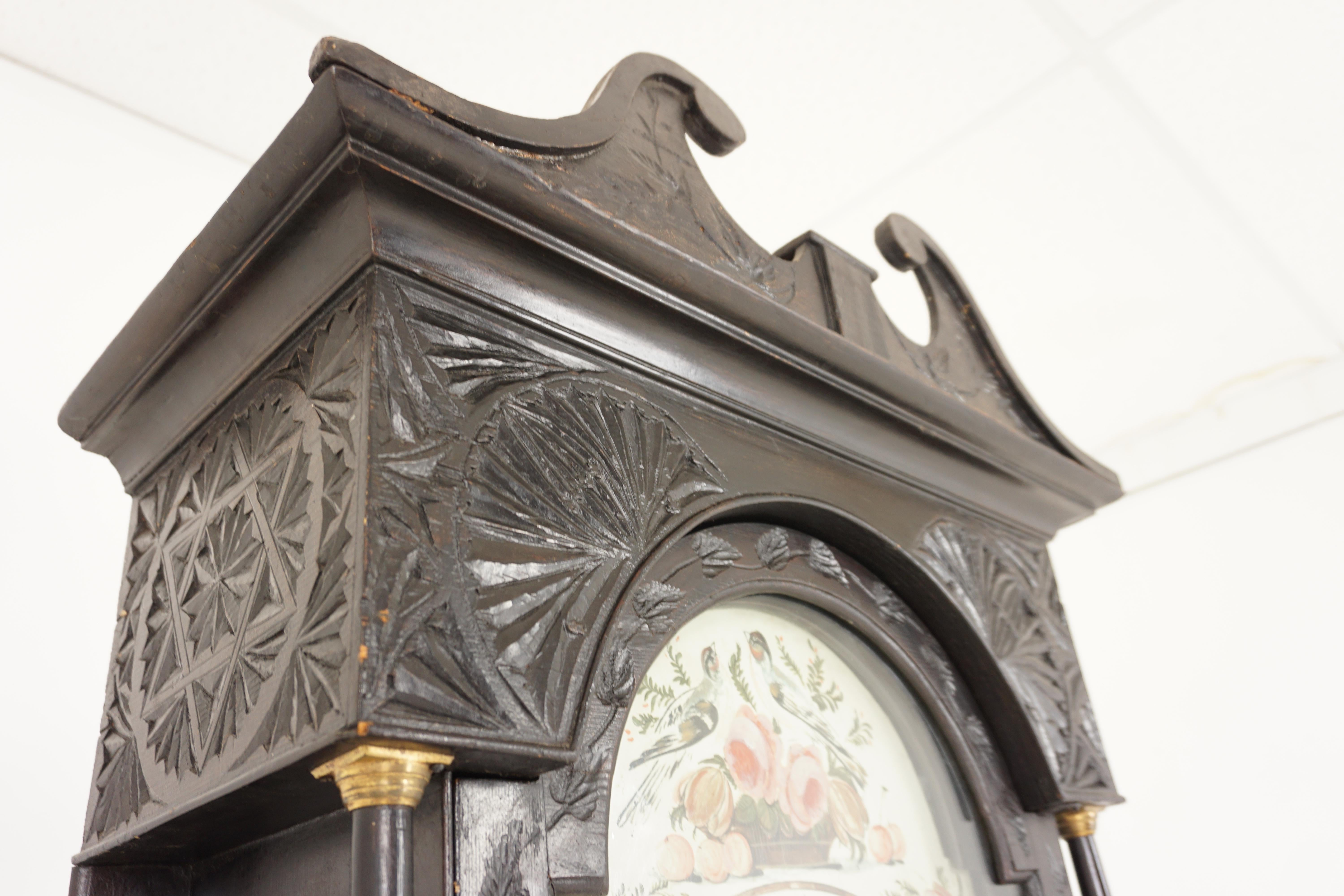 Antique Carved Ebonized Pine Grandfather Long Case Clock, Scotland 1880, H372 5