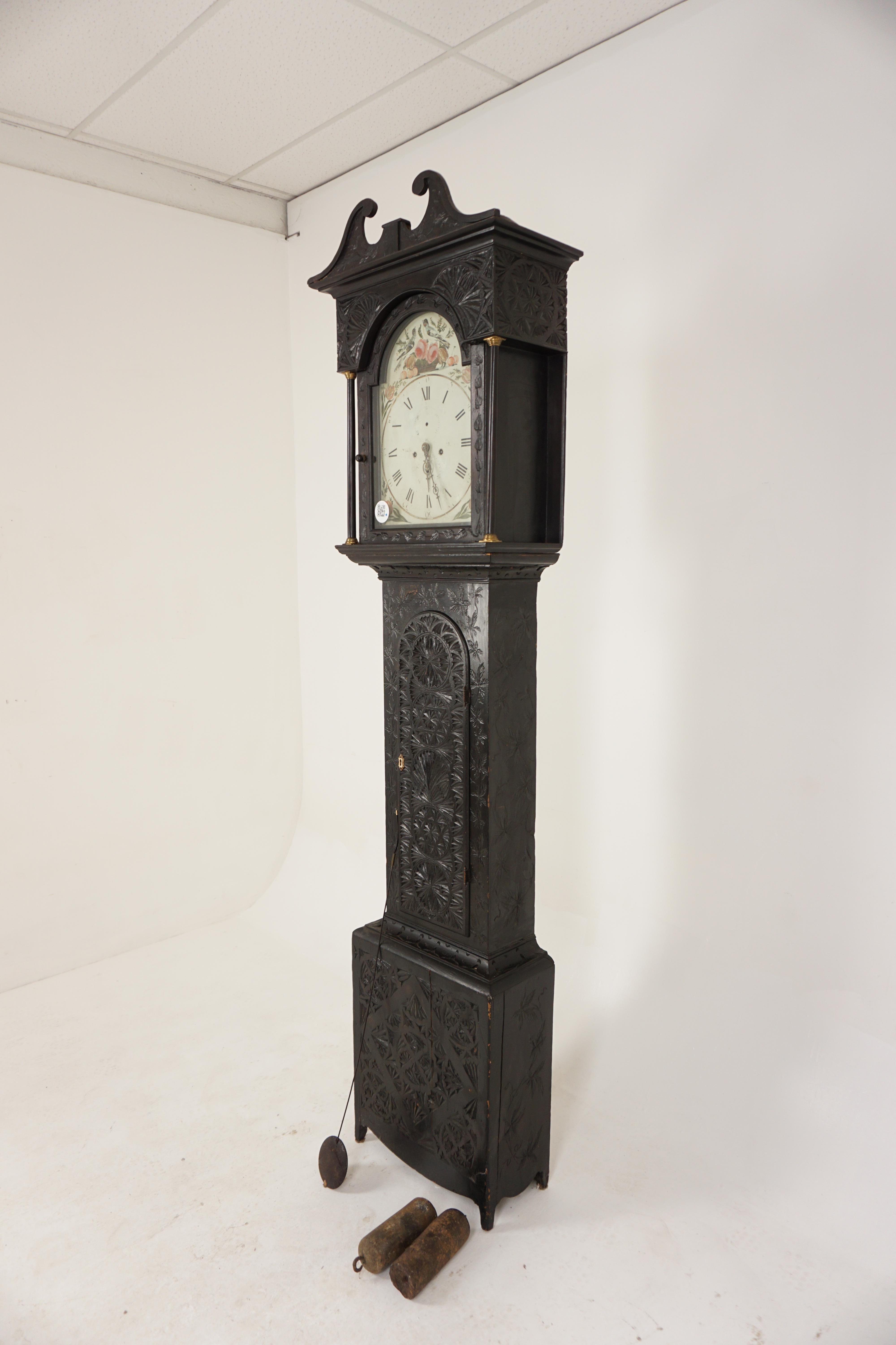 Antique carved Ebonized Pine Grandfather long case clock, Scotland 1880, H372

Scotland 1880
Solid Pine
Original Finish
Swan Neck Top
Heavily carved case on front and sides
Arched painted dial
Carving to the arch shows birds and