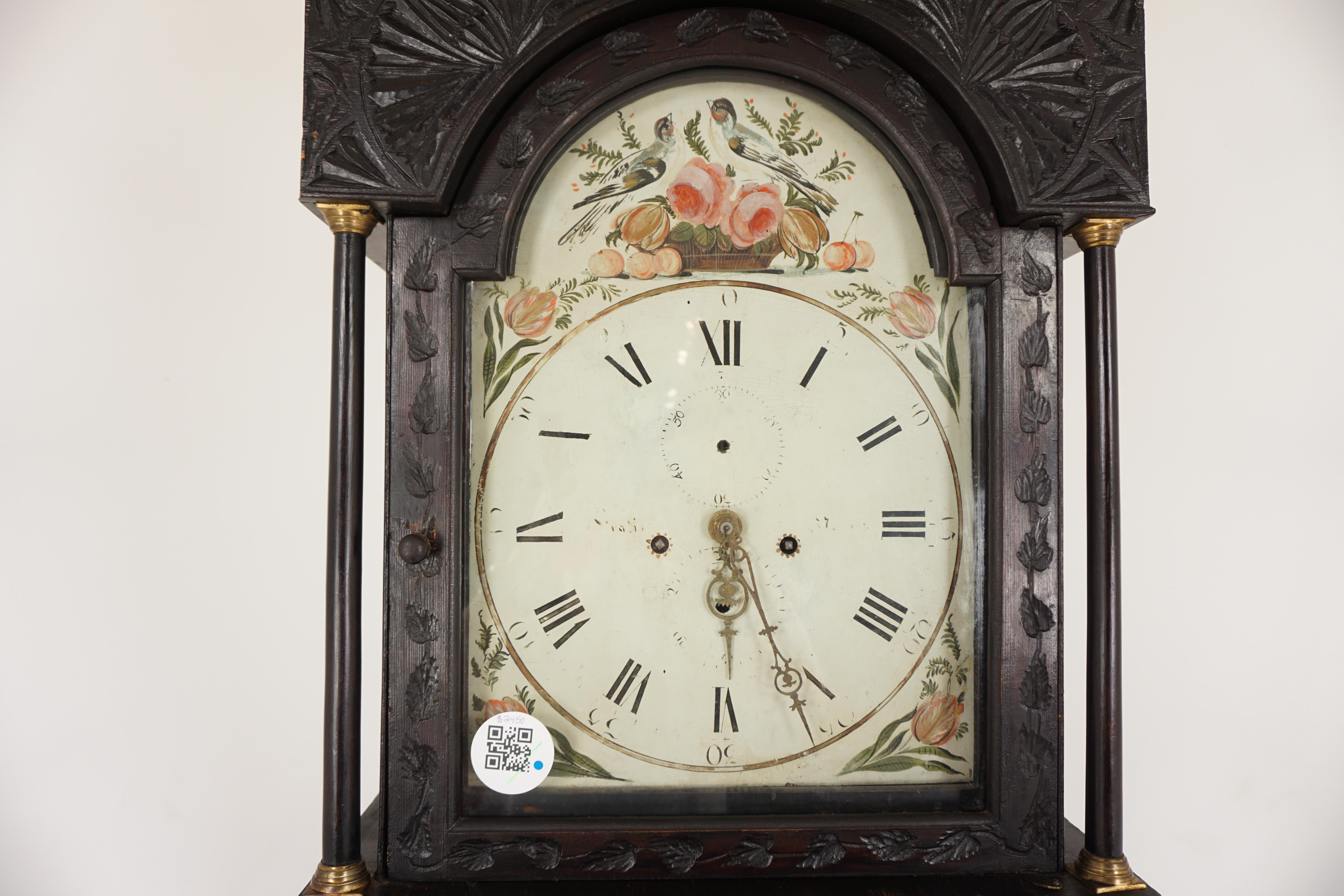 Scottish Antique Carved Ebonized Pine Grandfather Long Case Clock, Scotland 1880, H372