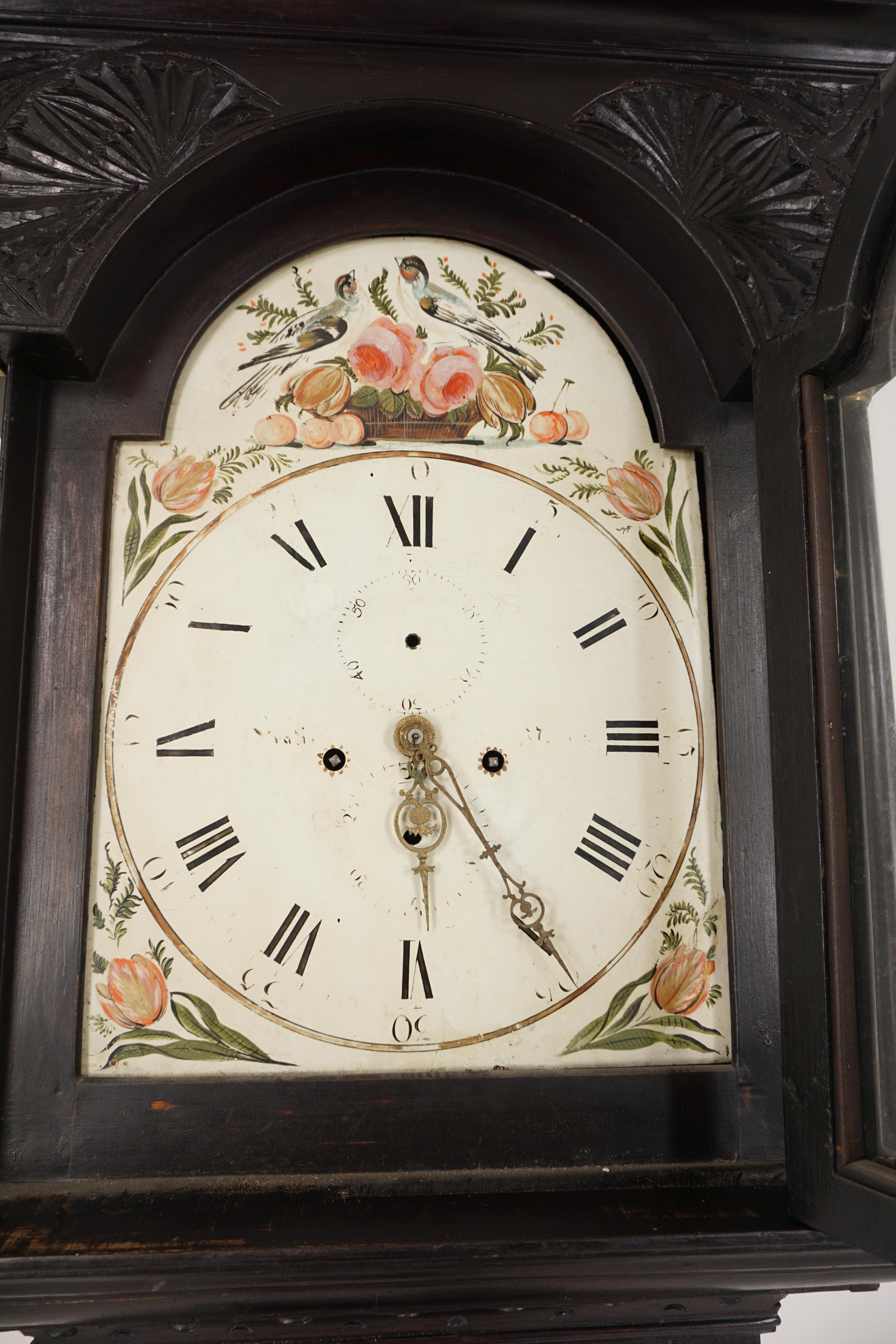 Antique Carved Ebonized Pine Grandfather Long Case Clock, Scotland 1880, H372 In Excellent Condition In Vancouver, BC