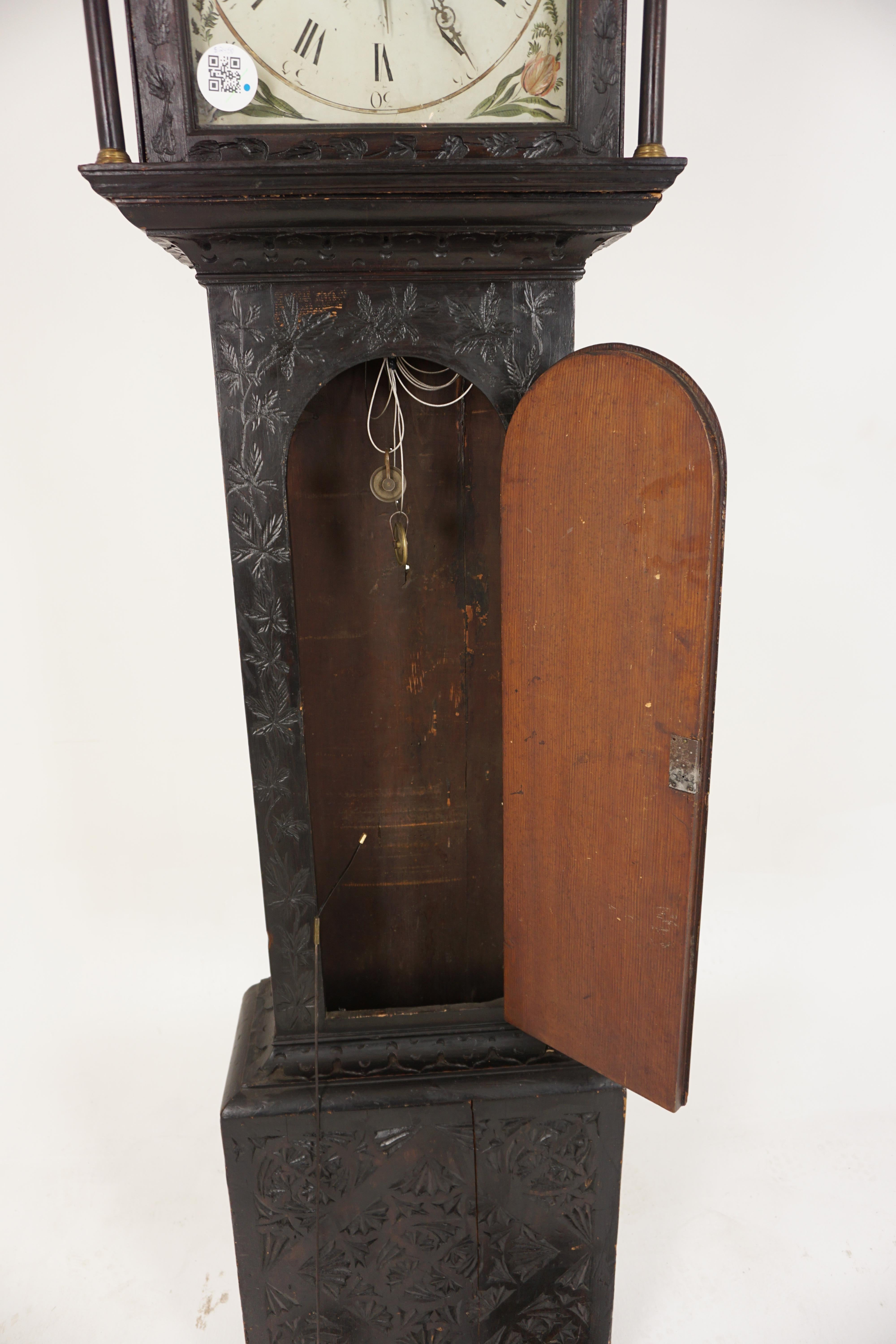 Late 19th Century Antique Carved Ebonized Pine Grandfather Long Case Clock, Scotland 1880, H372