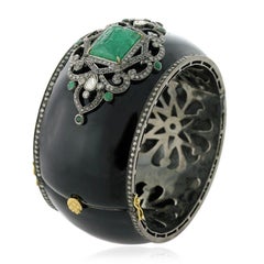 Antique Carved Emerald Bangle Bracelet With Diamonds 14.7 Carats