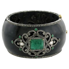 Antique Carved Emerald Bangle Bracelet With Diamonds 14.7 Carats