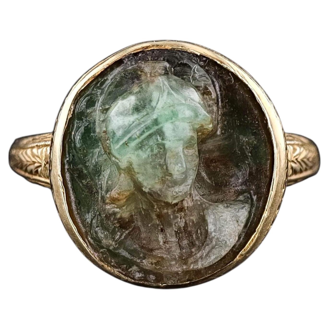 Antique Carved Emerald Cameo Ring of 14k Gold, Circa 1880 For Sale