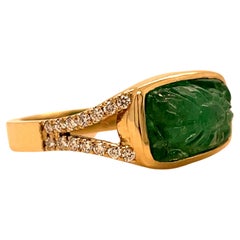 Antique Carved Emerald & Diamond Gold Ring