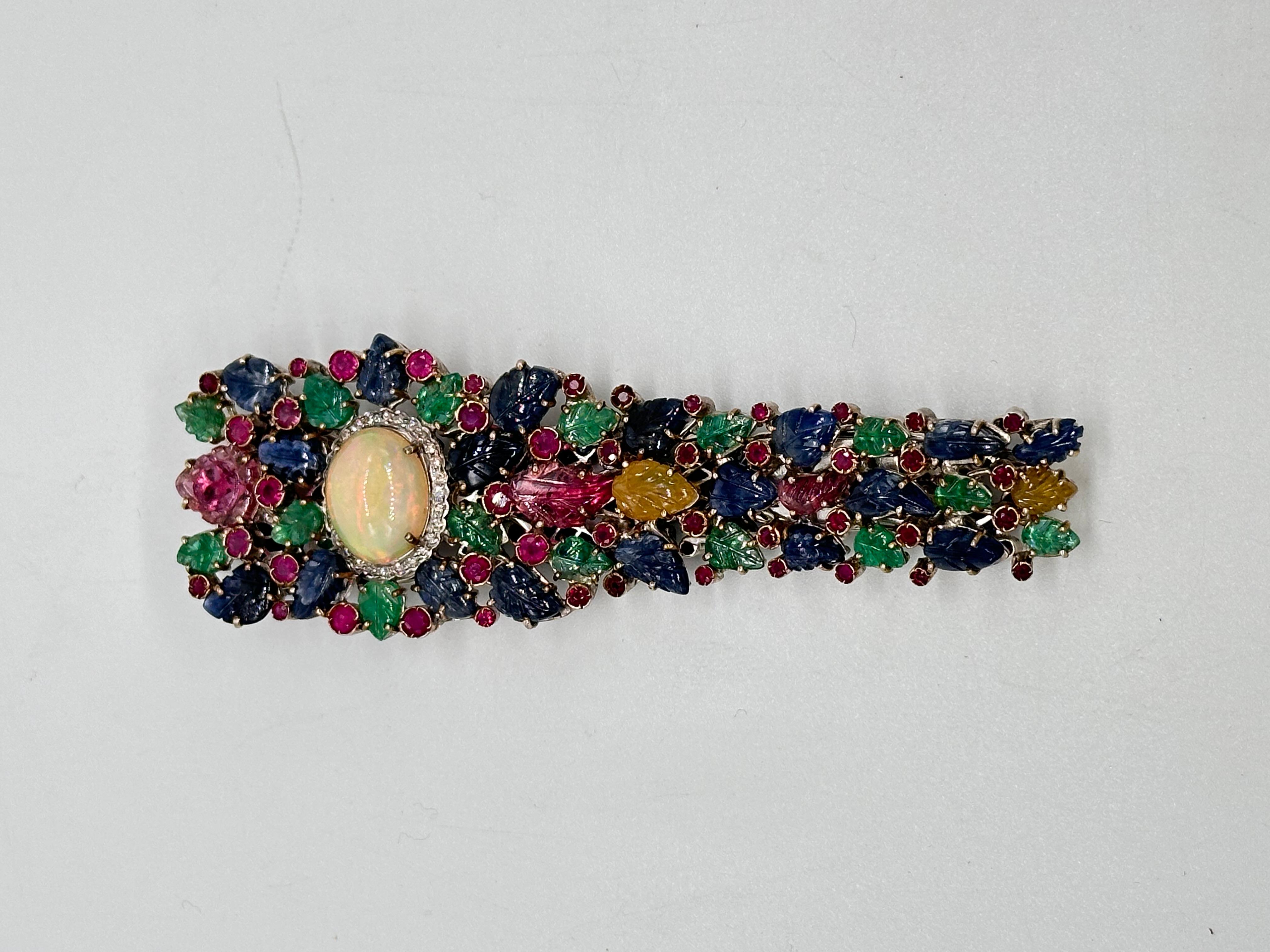 Antigua esmeralda tallada rubí zafiros Diamante brillante oro 14K pulsera de plata en venta 4
