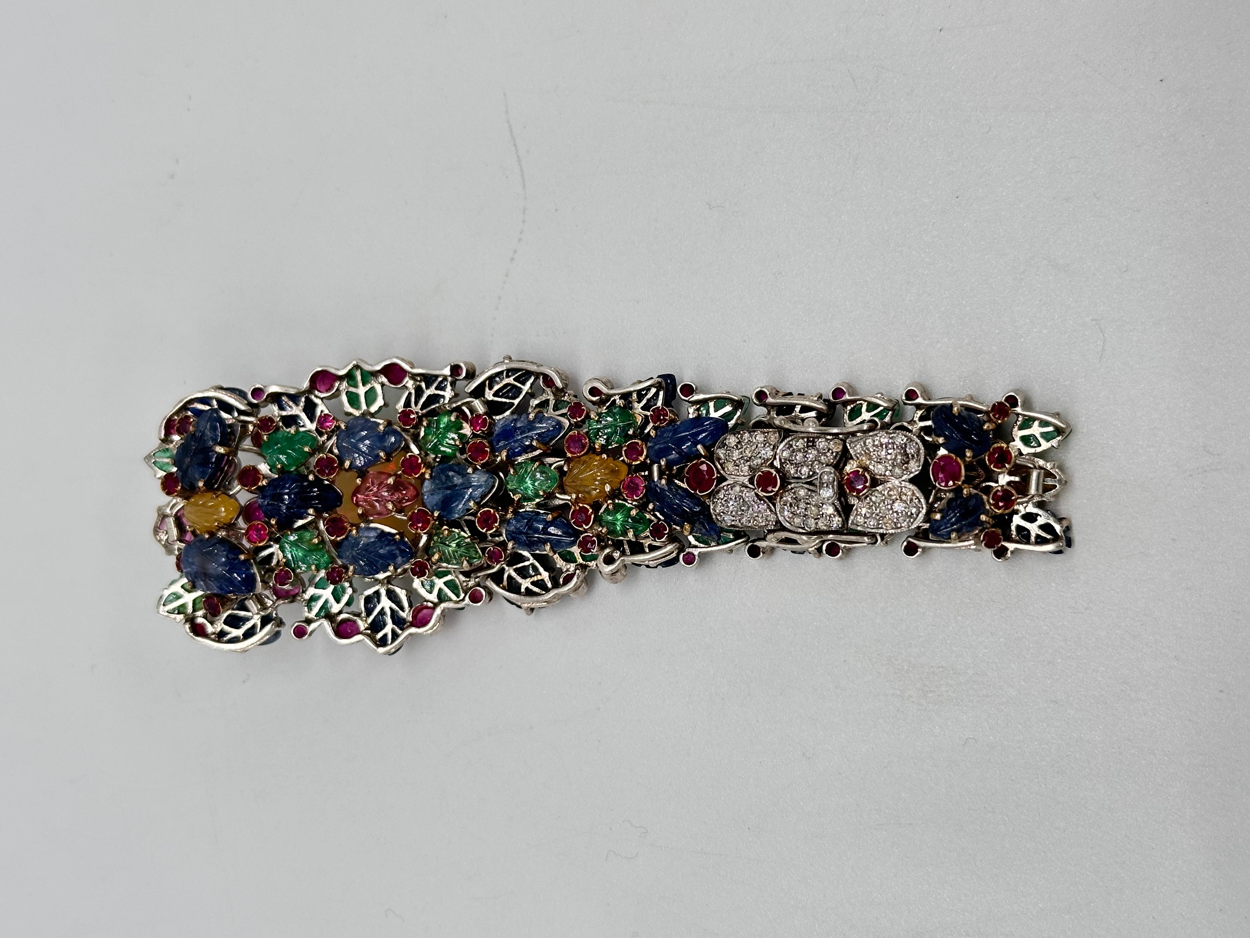 Antigua esmeralda tallada rubí zafiros Diamante brillante oro 14K pulsera de plata en venta 5