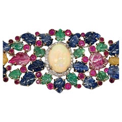 Antique carved emerald ruby sapphires Brilliant diamond 14K gold silver bracelet