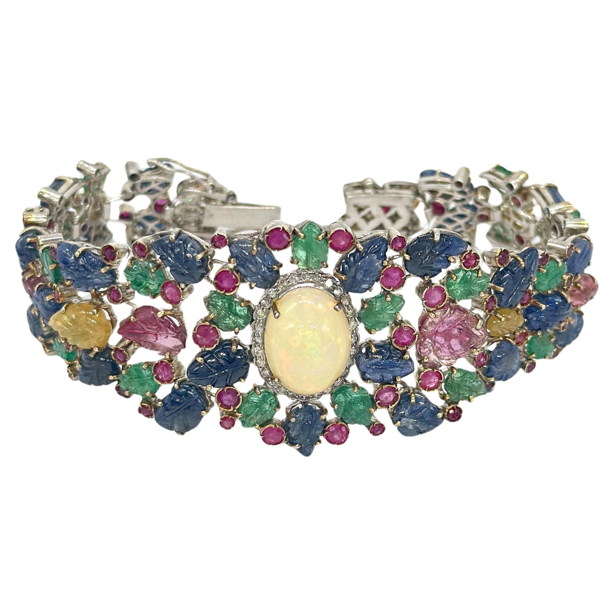 Antique carved emerald ruby sapphires Brilliant diamond 14K gold silver bracelet