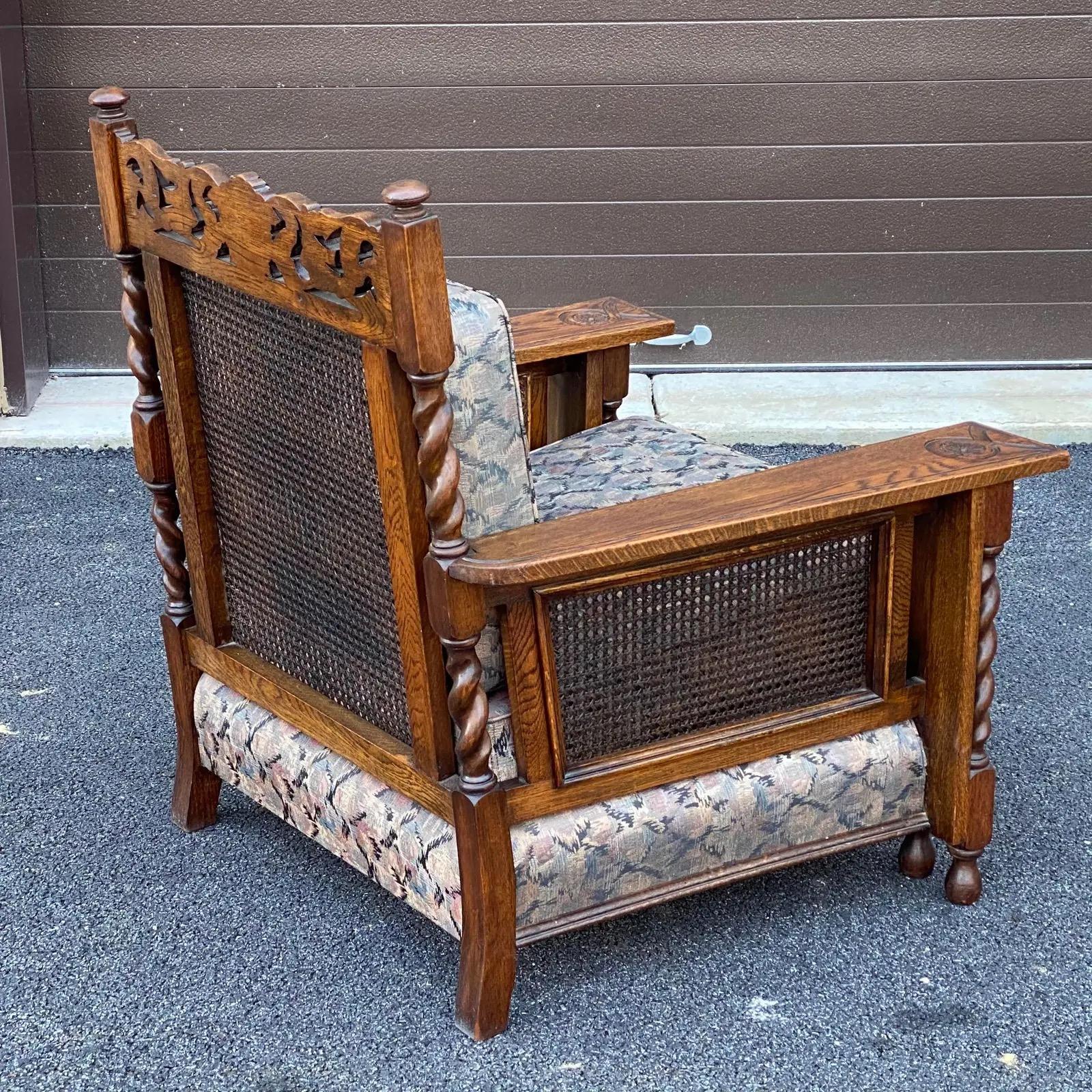 Rustic Antique Carved English Oak Barley Twist Lounge Chair With Caned Back & Sides For Sale