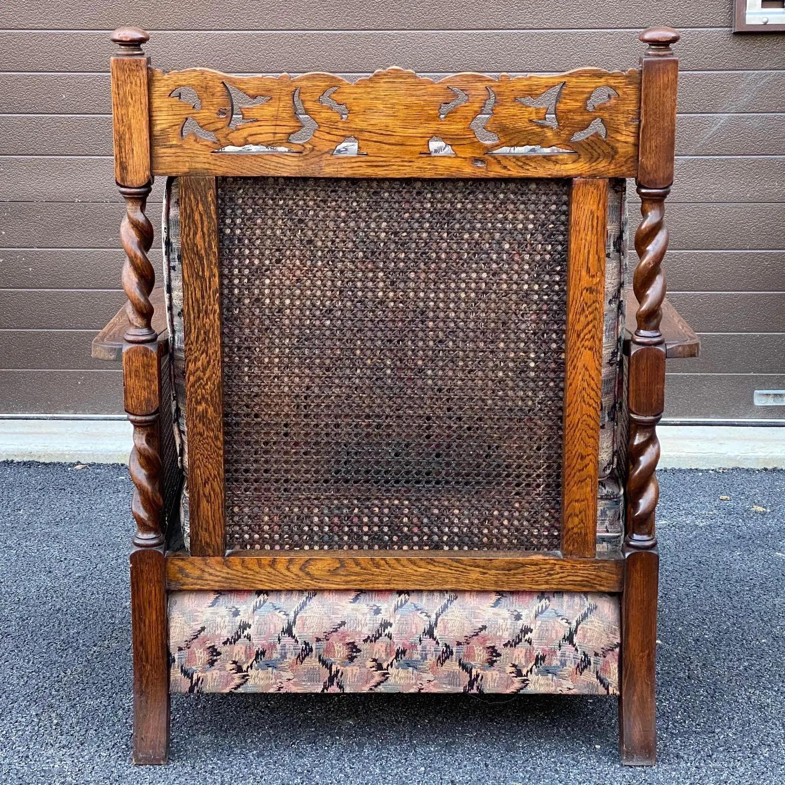 Antique Carved English Oak Barley Twist Lounge Chair With Caned Back & Sides In Good Condition For Sale In West Chester, PA