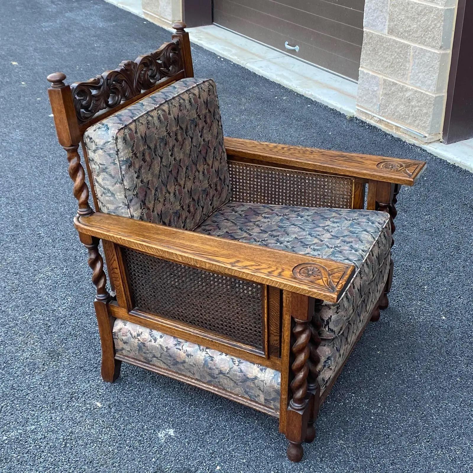 20th Century Antique Carved English Oak Barley Twist Lounge Chair With Caned Back & Sides For Sale