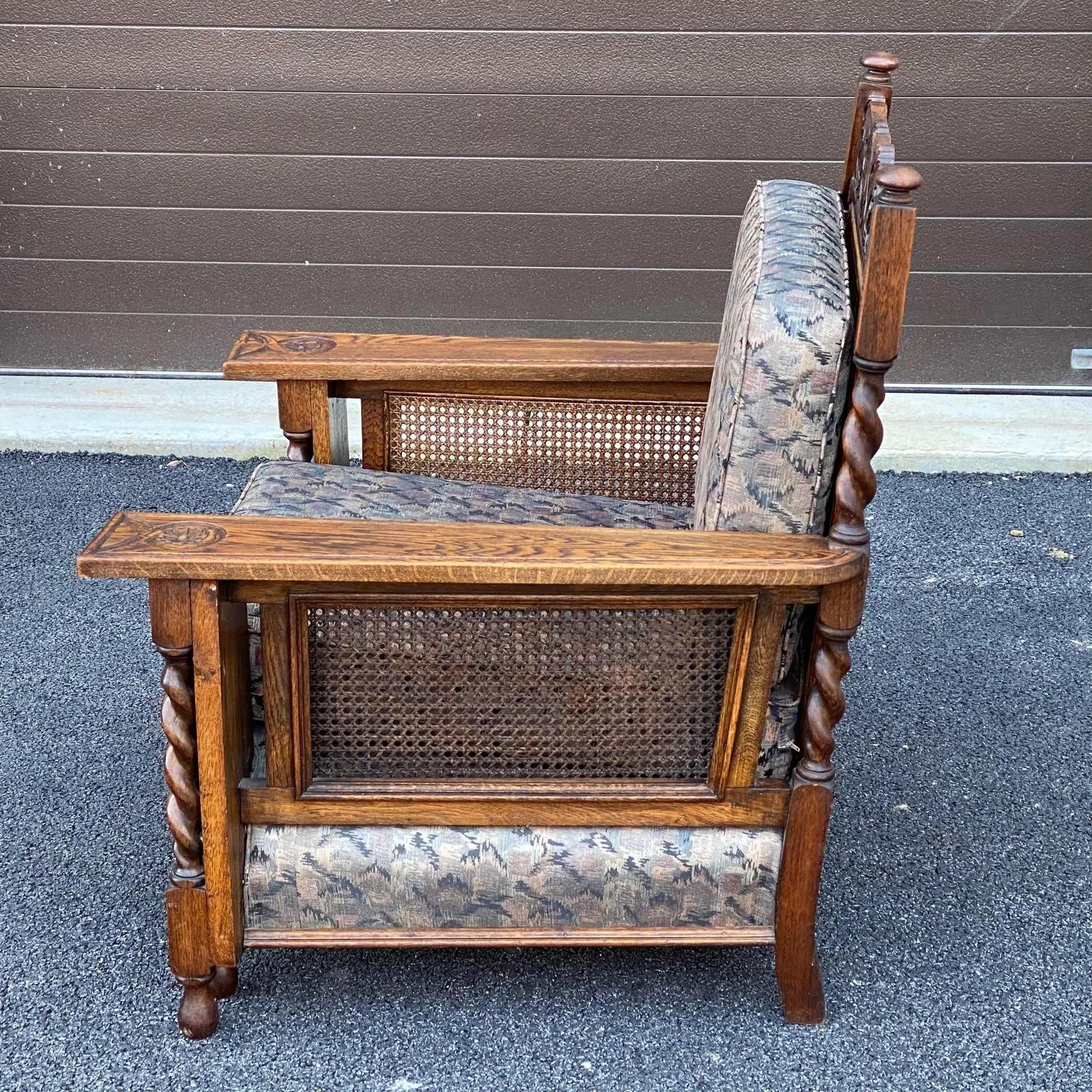 Upholstery Antique Carved English Oak Barley Twist Lounge Chair With Caned Back & Sides For Sale