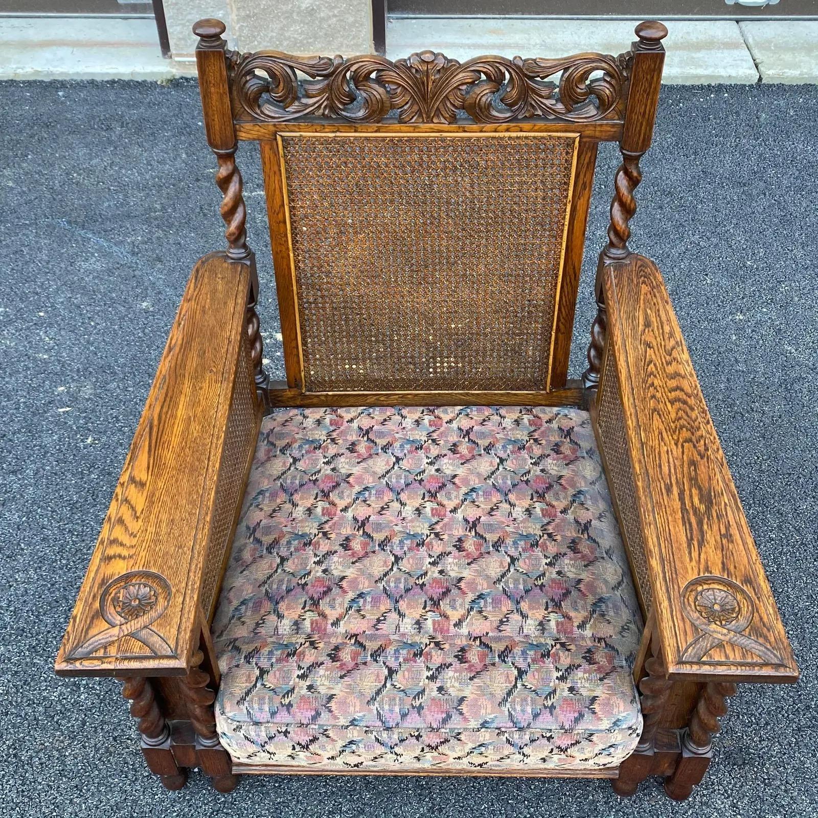 Antique Carved English Oak Barley Twist Lounge Chair With Caned Back & Sides For Sale 3