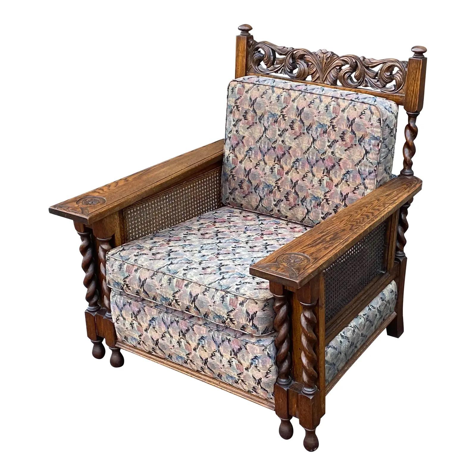 Antique Carved English Oak Barley Twist Lounge Chair With Caned Back & Sides For Sale
