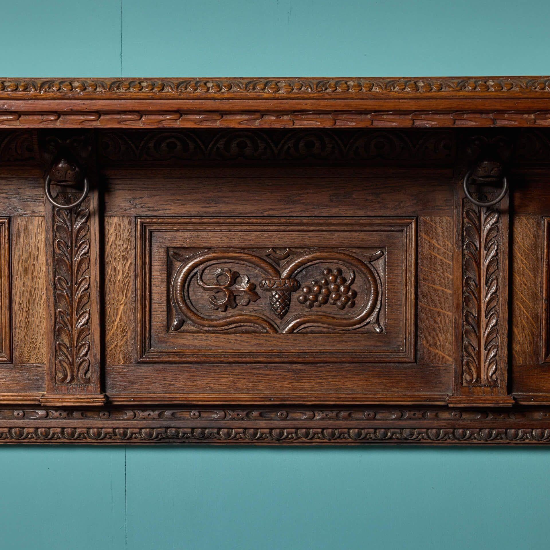 Antique Carved English Oak Fireplace In Fair Condition For Sale In Wormelow, Herefordshire