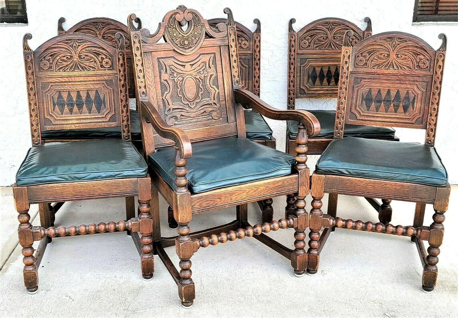 Antique Carved English Oak Tudor Dining Chairs, Set of 6 4