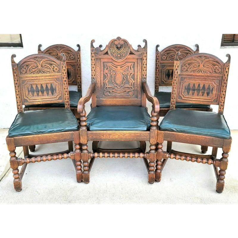 For full item description be sure to click on CONTINUE READING at the bottom of this listing.

Offering one of our recent palm beach estate fine furniture acquisitions of a
set of 6 antique solid english carved oak tudor style dining chairs