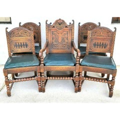 Antique Carved English Oak Tudor Dining Chairs, Set of 6
