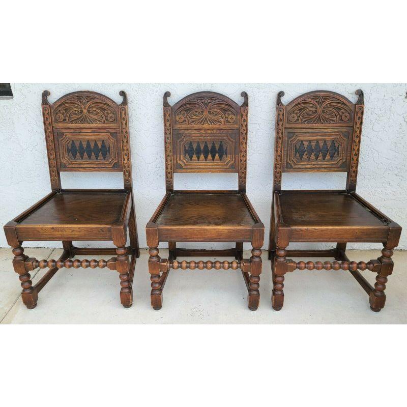 Antique Carved English Oak Tudor Dining Chairs, Set of 6 In Good Condition In Lake Worth, FL