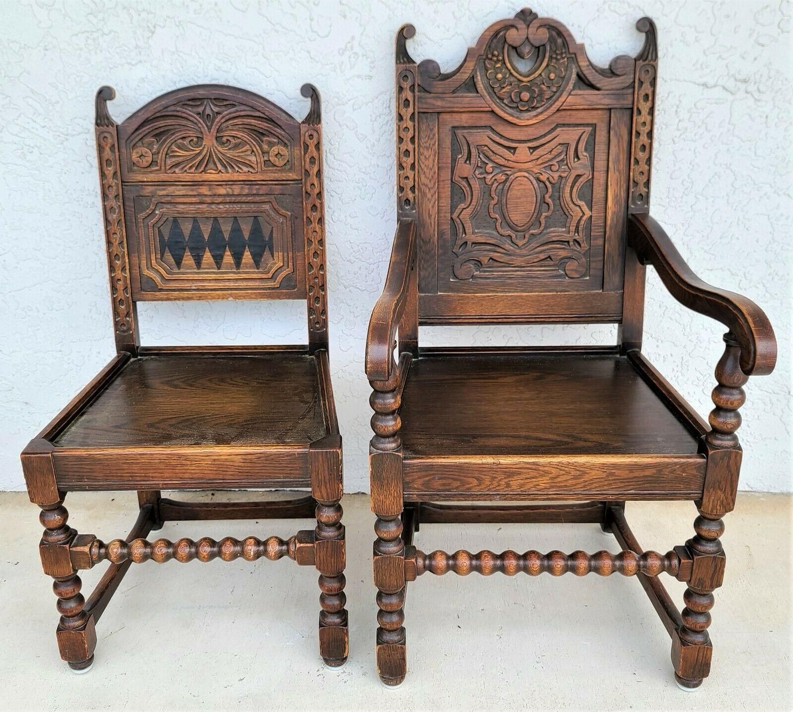19th Century Antique Carved English Oak Tudor Dining Chairs, Set of 6