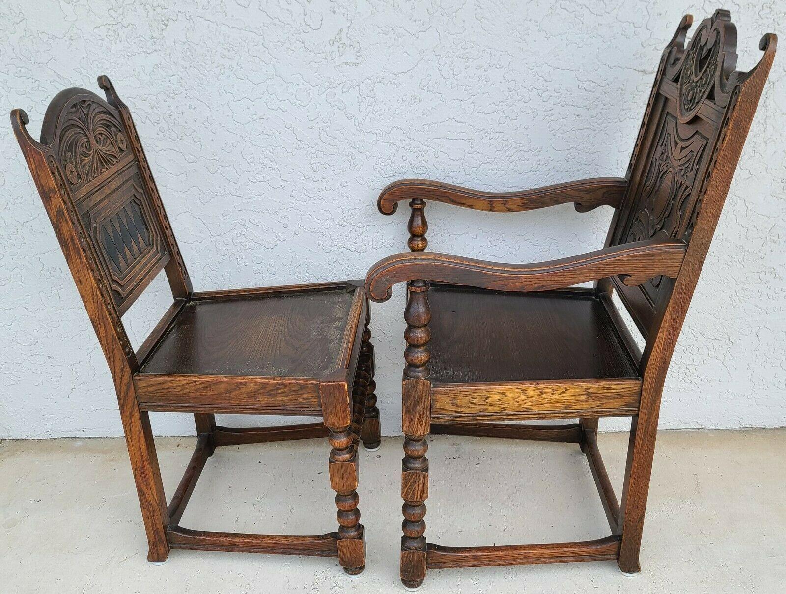 Antique Carved English Oak Tudor Dining Chairs, Set of 6 2
