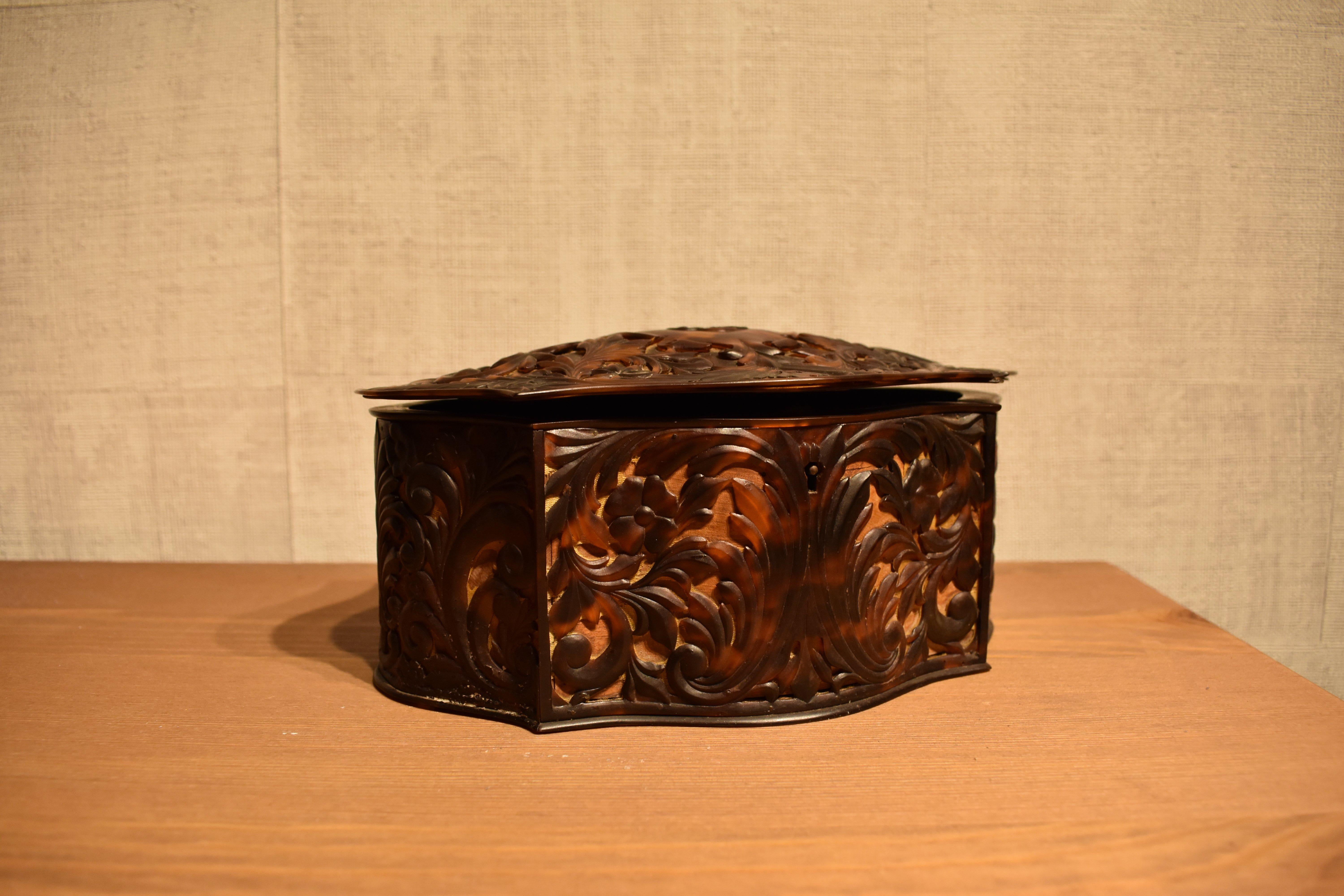 Edwardian FINAL SALE Antique Carved Faux Tortoiseshell Jewelry Box For Sale