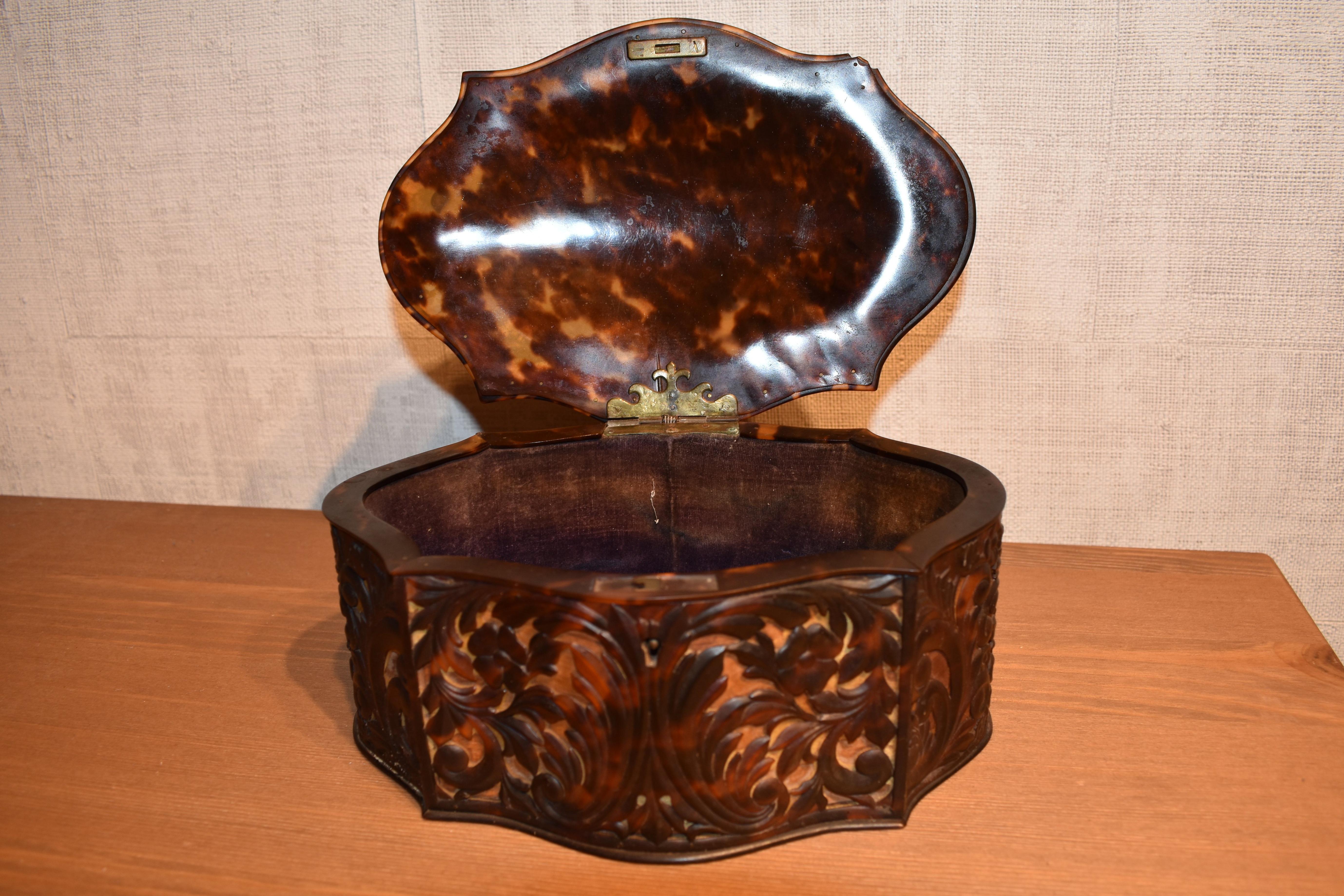 English FINAL SALE Antique Carved Faux Tortoiseshell Jewelry Box For Sale