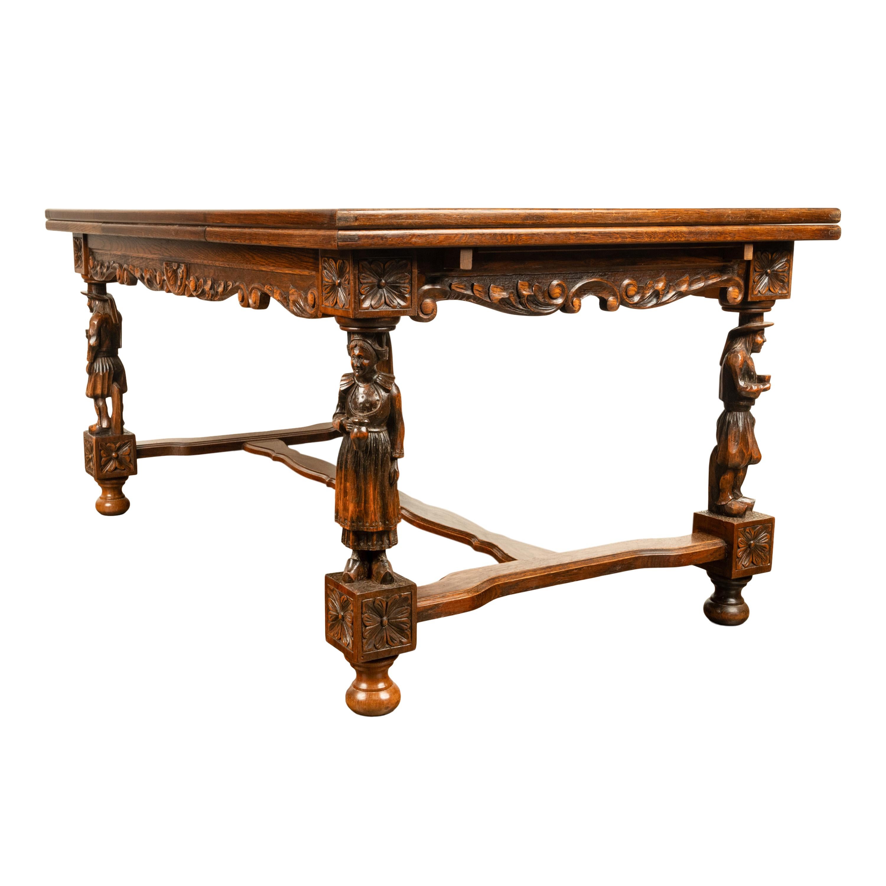 Antique Carved Figural French Breton Inlaid Dining Extending Table Brittany 1900 For Sale 6