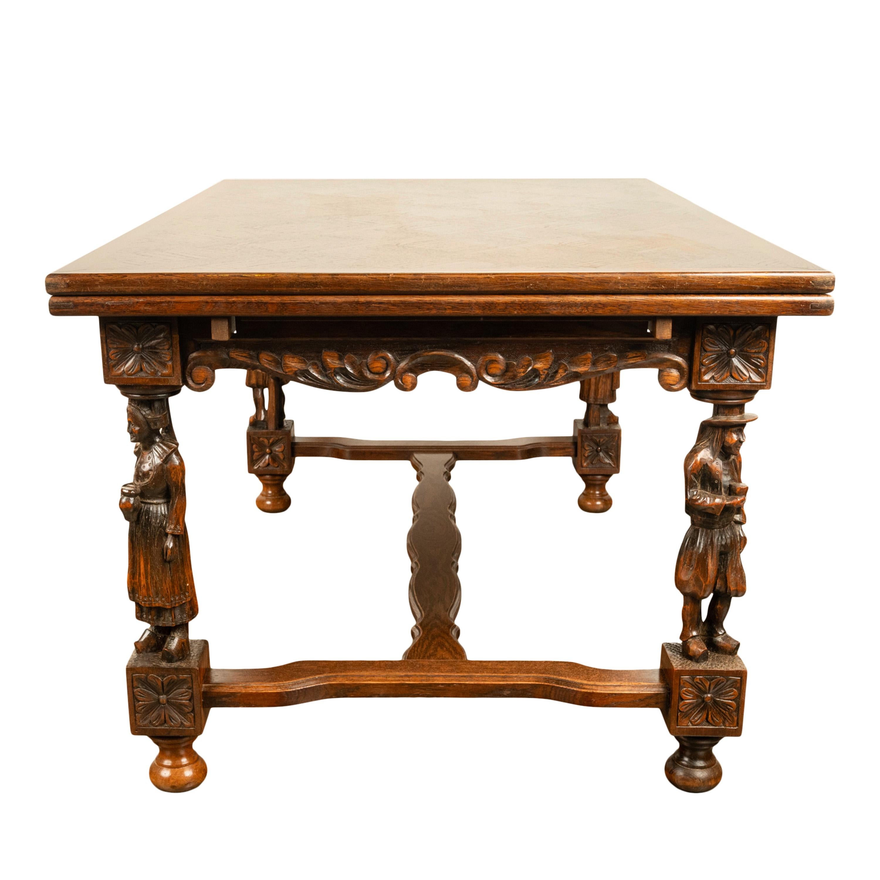 Antique Carved Figural French Breton Inlaid Dining Extending Table Brittany 1900 For Sale 8