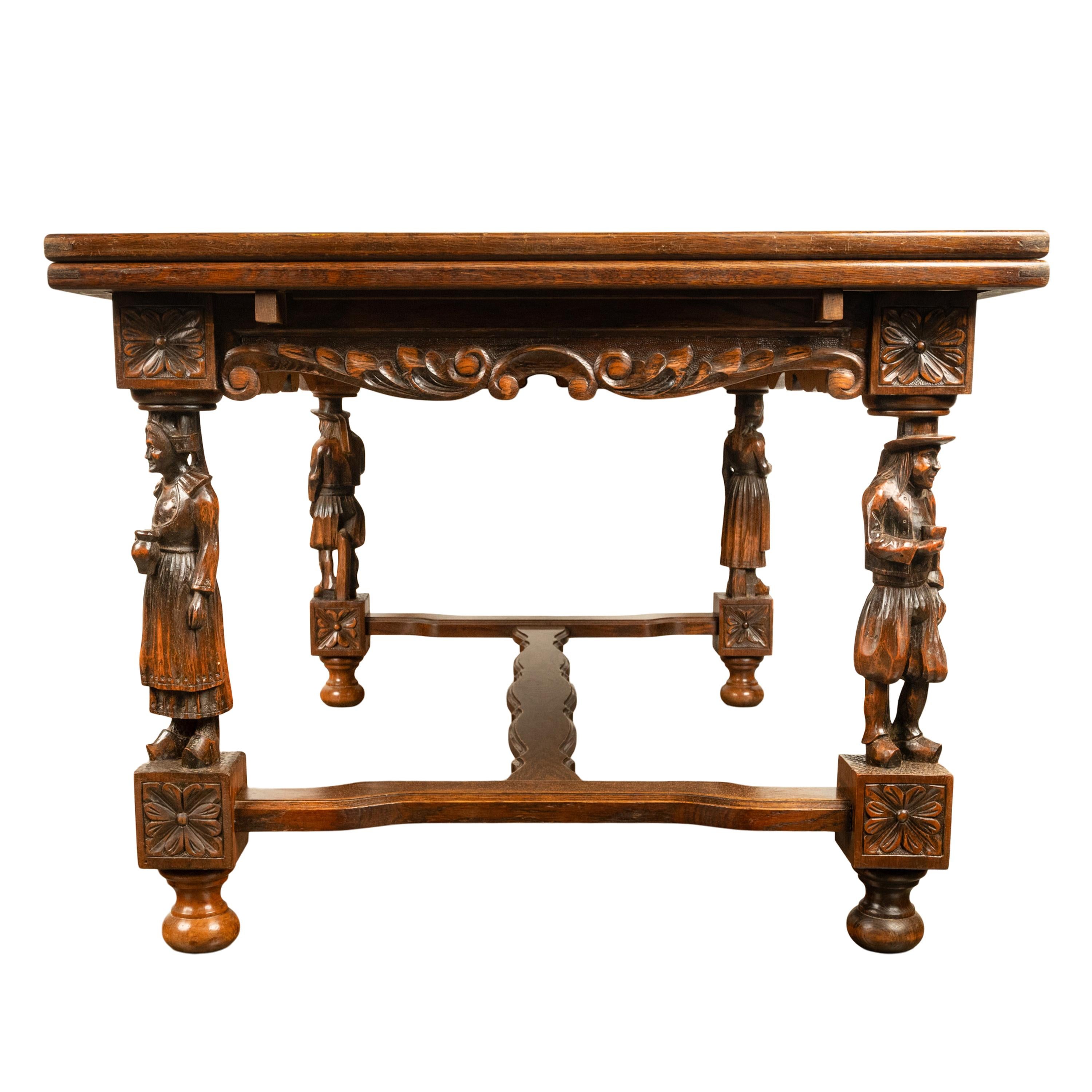 Antique Carved Figural French Breton Inlaid Dining Extending Table Brittany 1900 For Sale 9