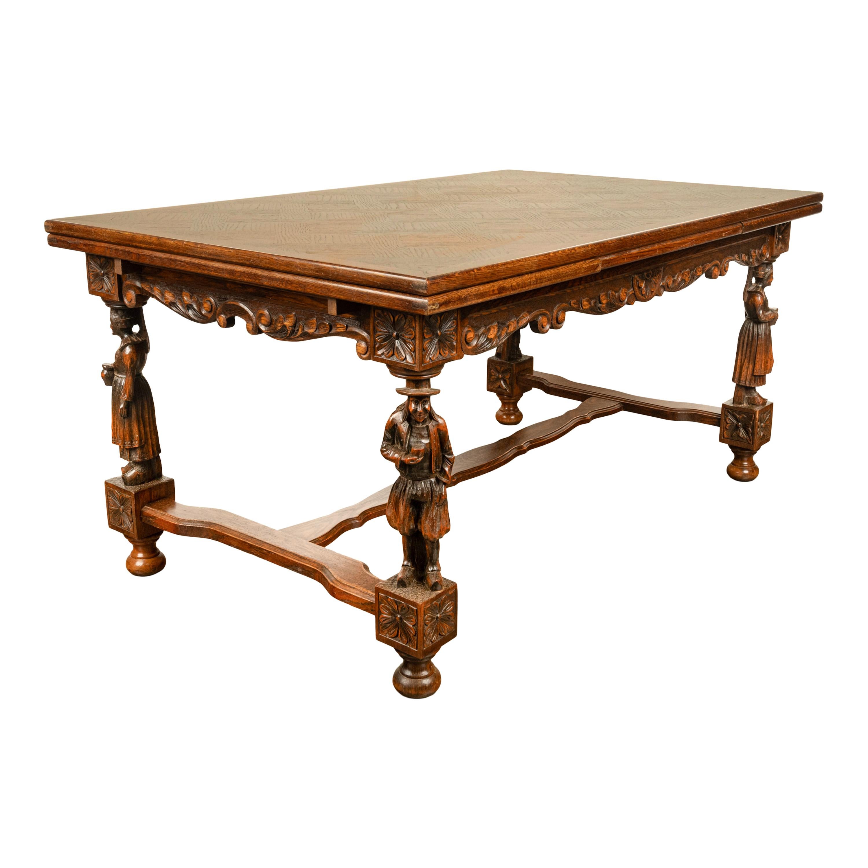 Antique Carved Figural French Breton Inlaid Dining Extending Table Brittany 1900 For Sale 10