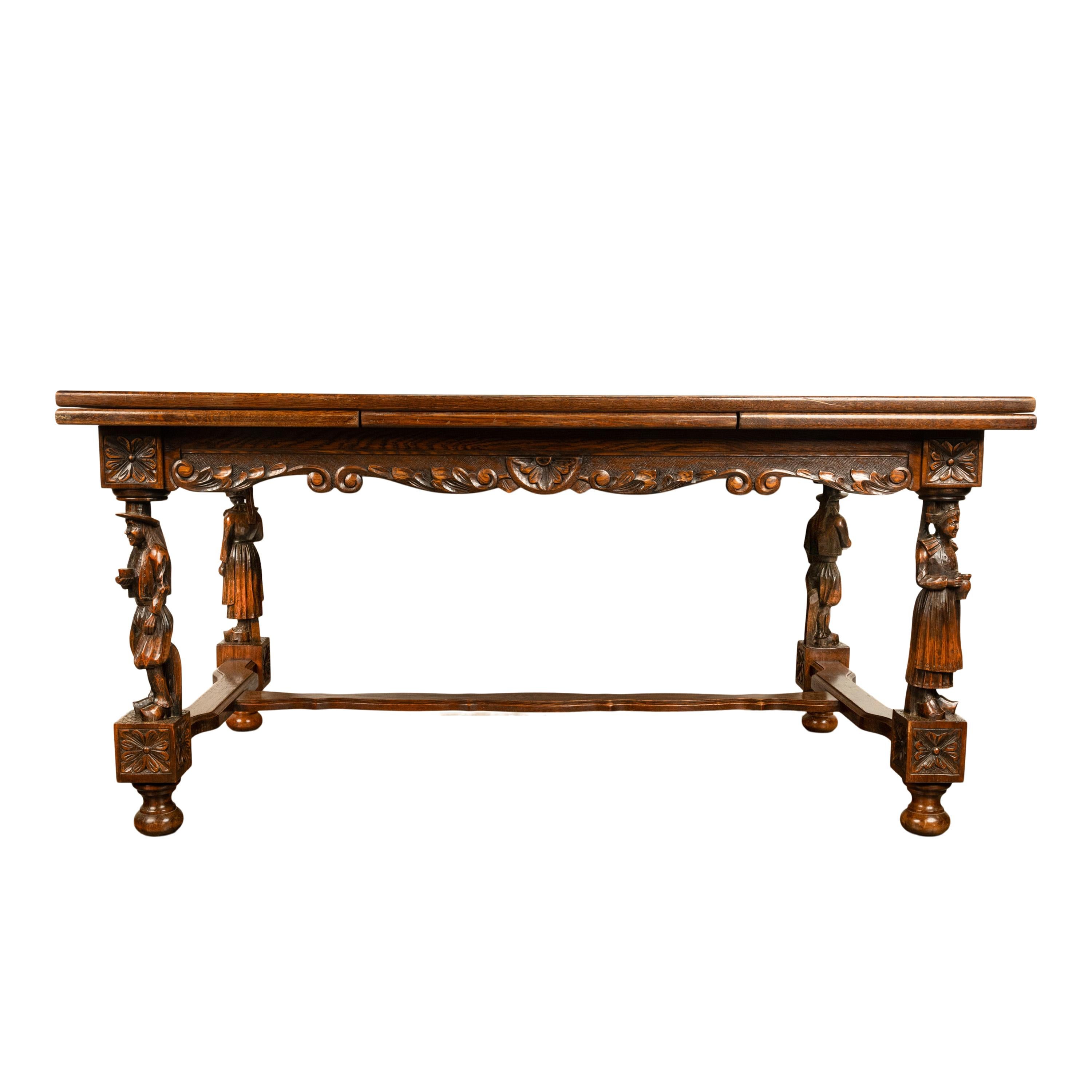 Antique Carved Figural French Breton Inlaid Dining Extending Table Brittany 1900 For Sale 11
