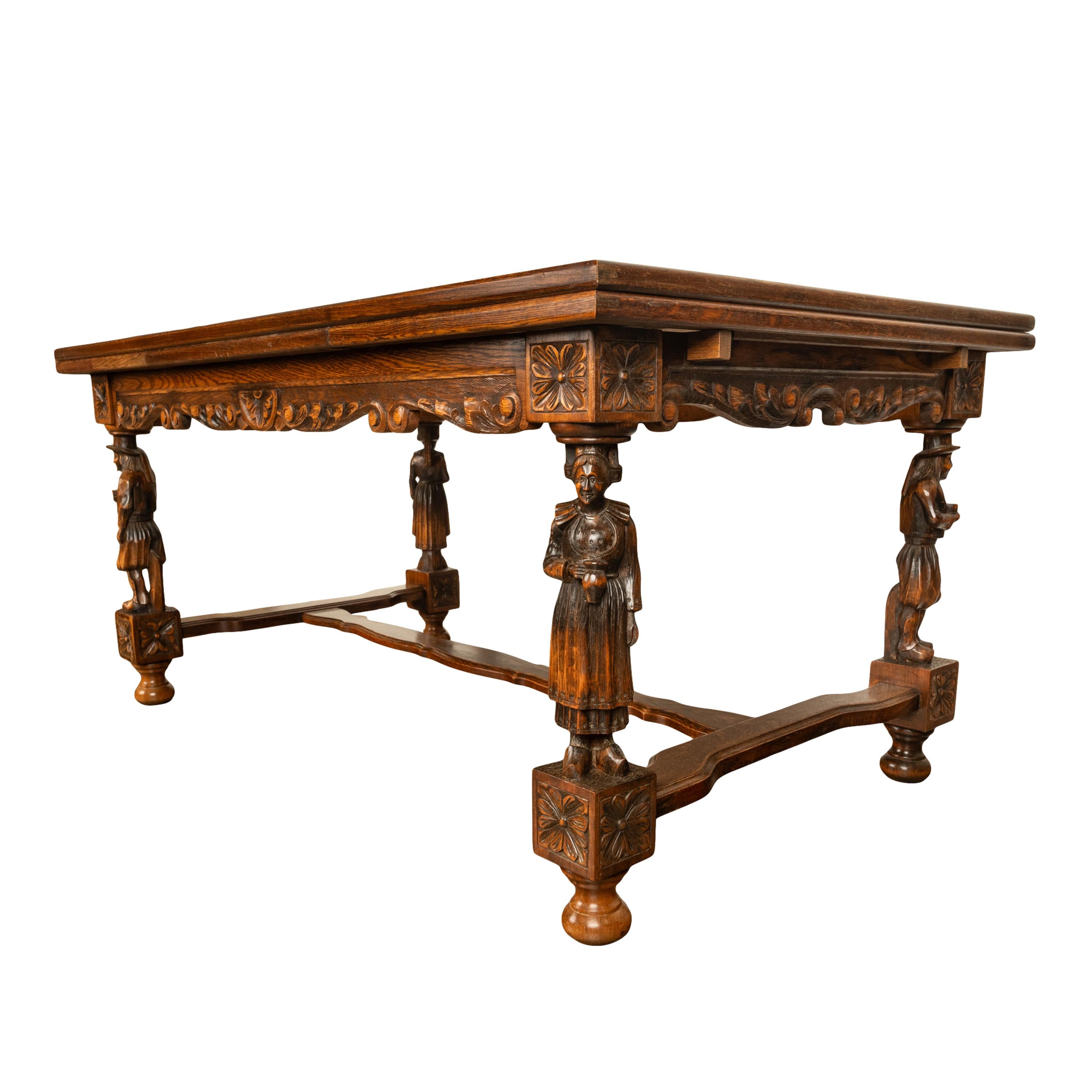 Antique Carved Figural French Breton Inlaid Dining Extending Table Brittany 1900 For Sale 12