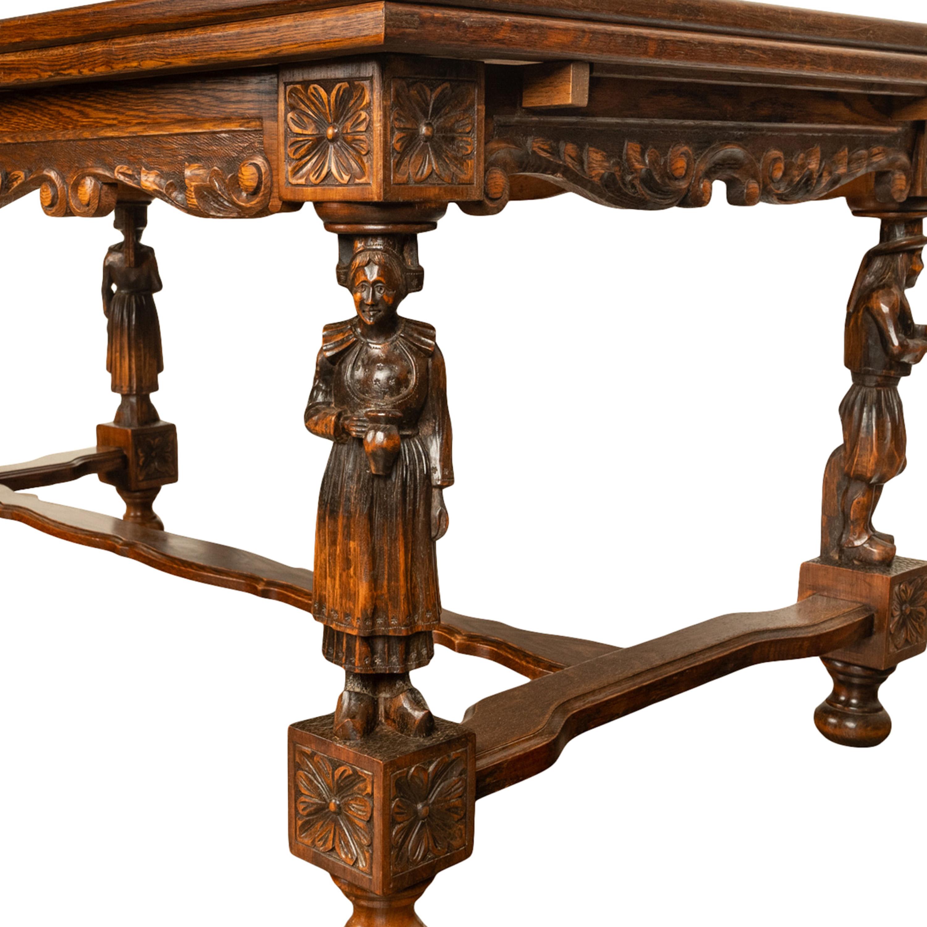 Antique Carved Figural French Breton Inlaid Dining Extending Table Brittany 1900 For Sale 14