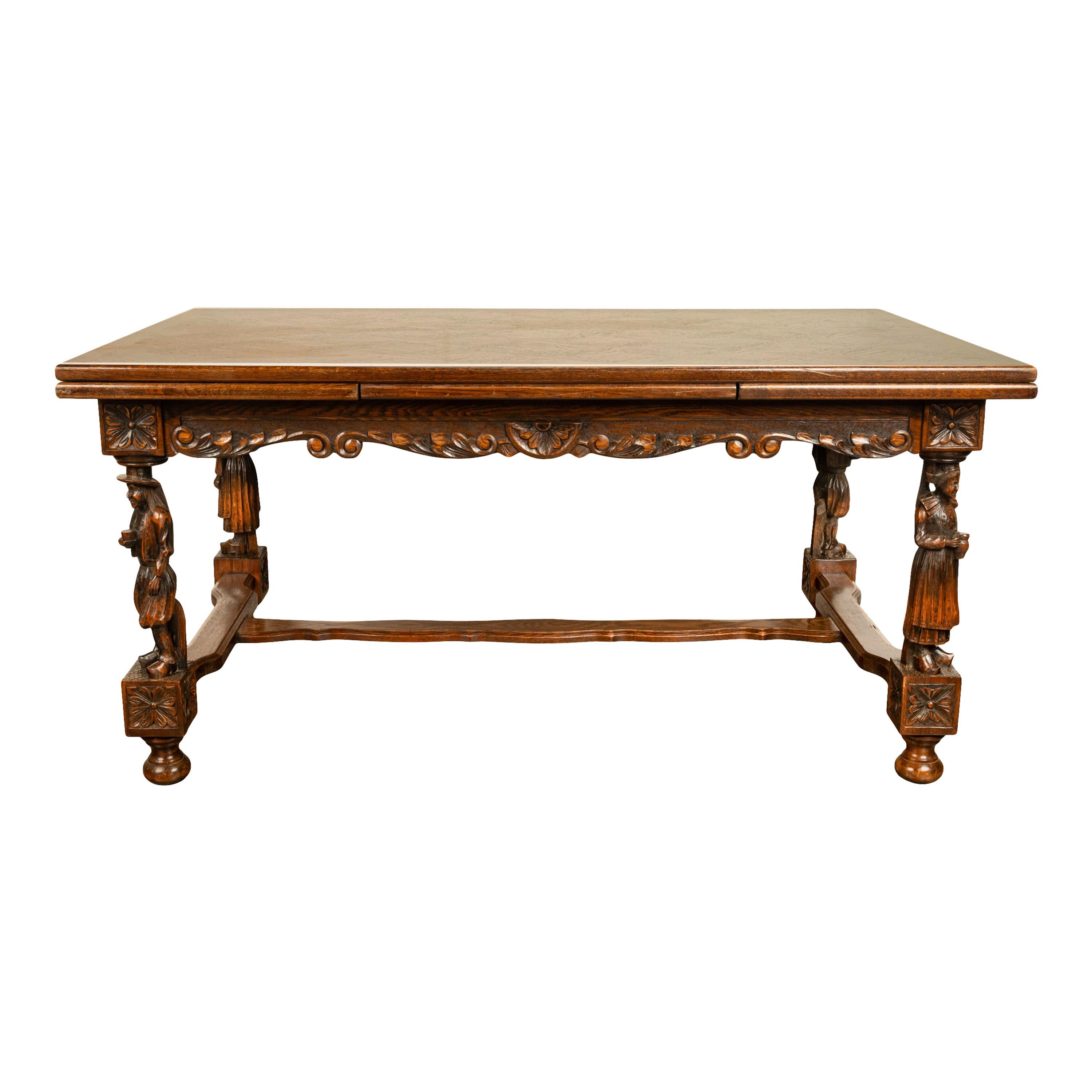 French Provincial Antique Carved Figural French Breton Inlaid Dining Extending Table Brittany 1900 For Sale