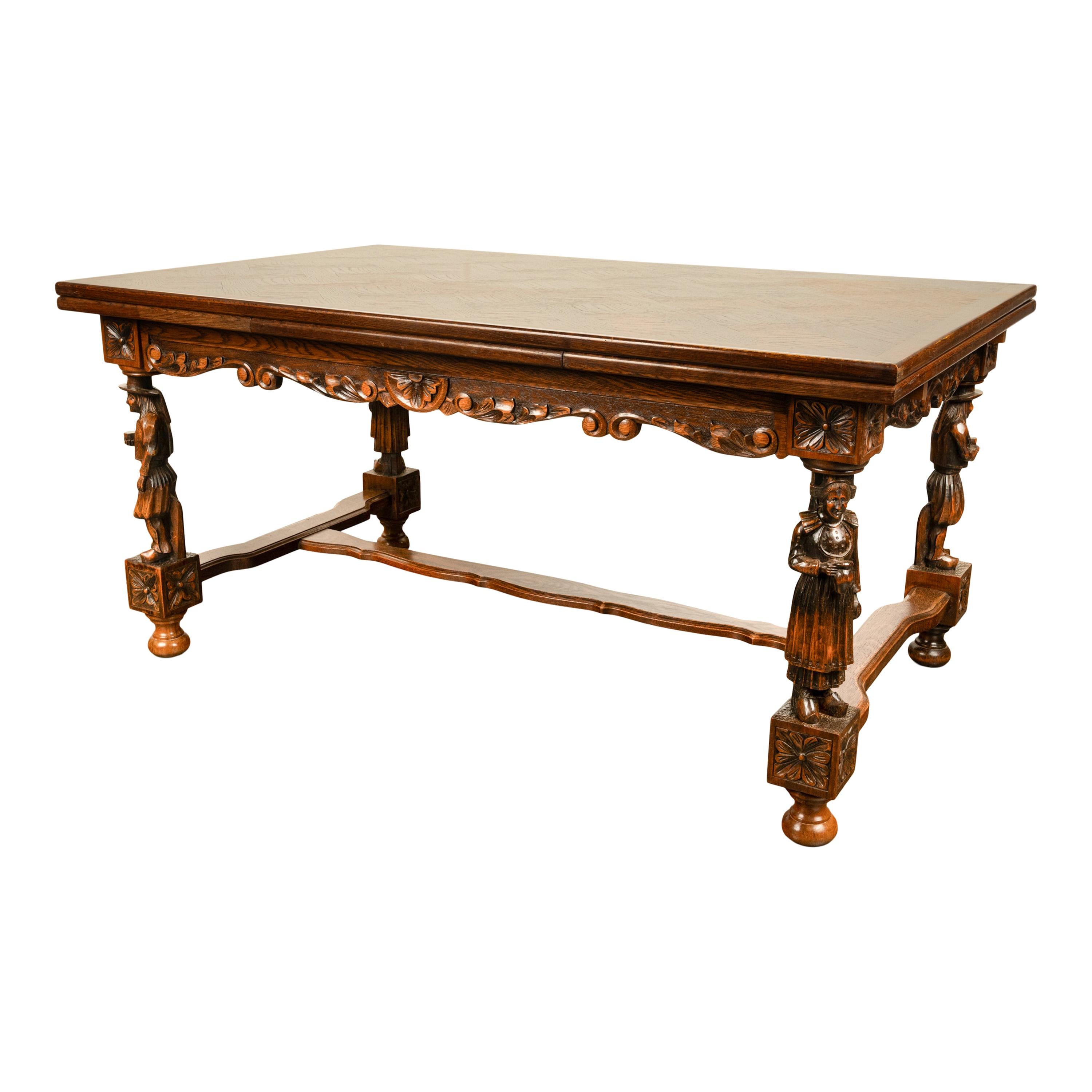 Antique Carved Figural French Breton Inlaid Dining Extending Table Brittany 1900 In Good Condition For Sale In Portland, OR
