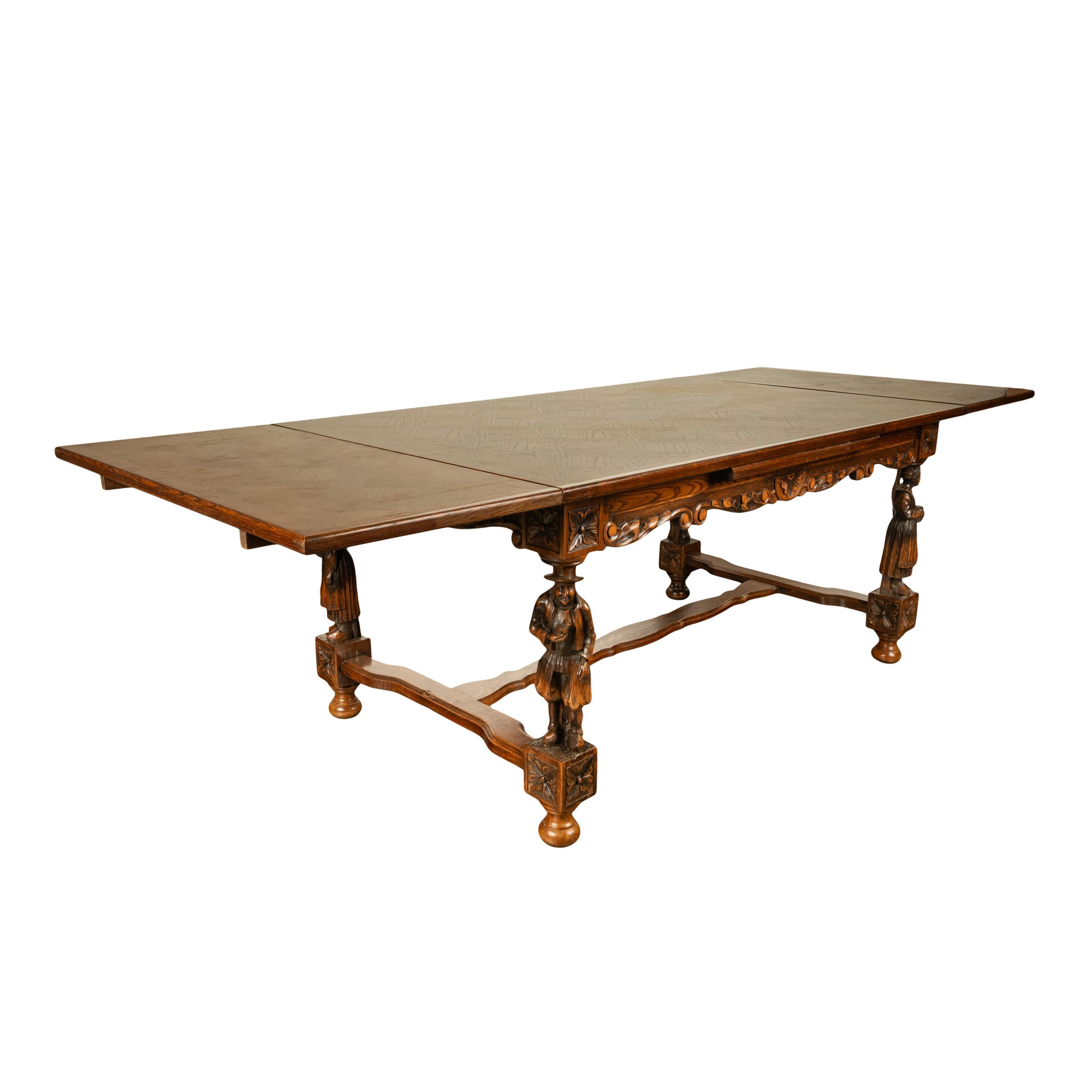 Oak Antique Carved Figural French Breton Inlaid Dining Extending Table Brittany 1900 For Sale
