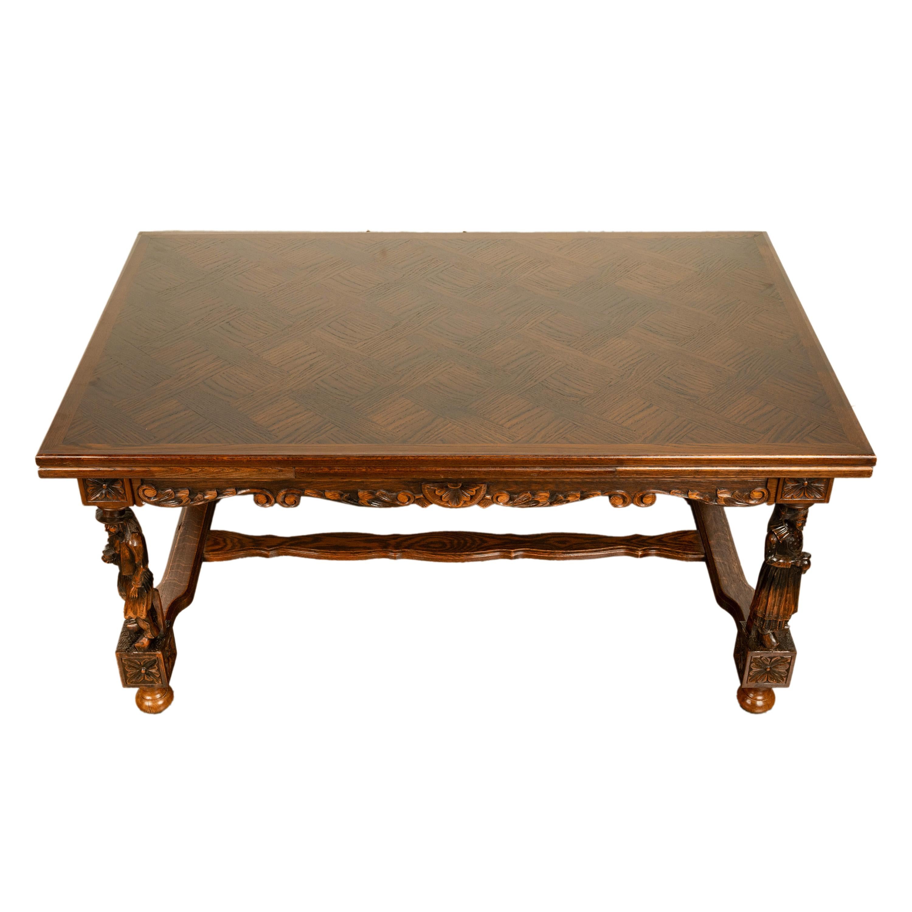 Oak Antique Carved Figural French Breton Inlaid Dining Extending Table Brittany 1900 For Sale