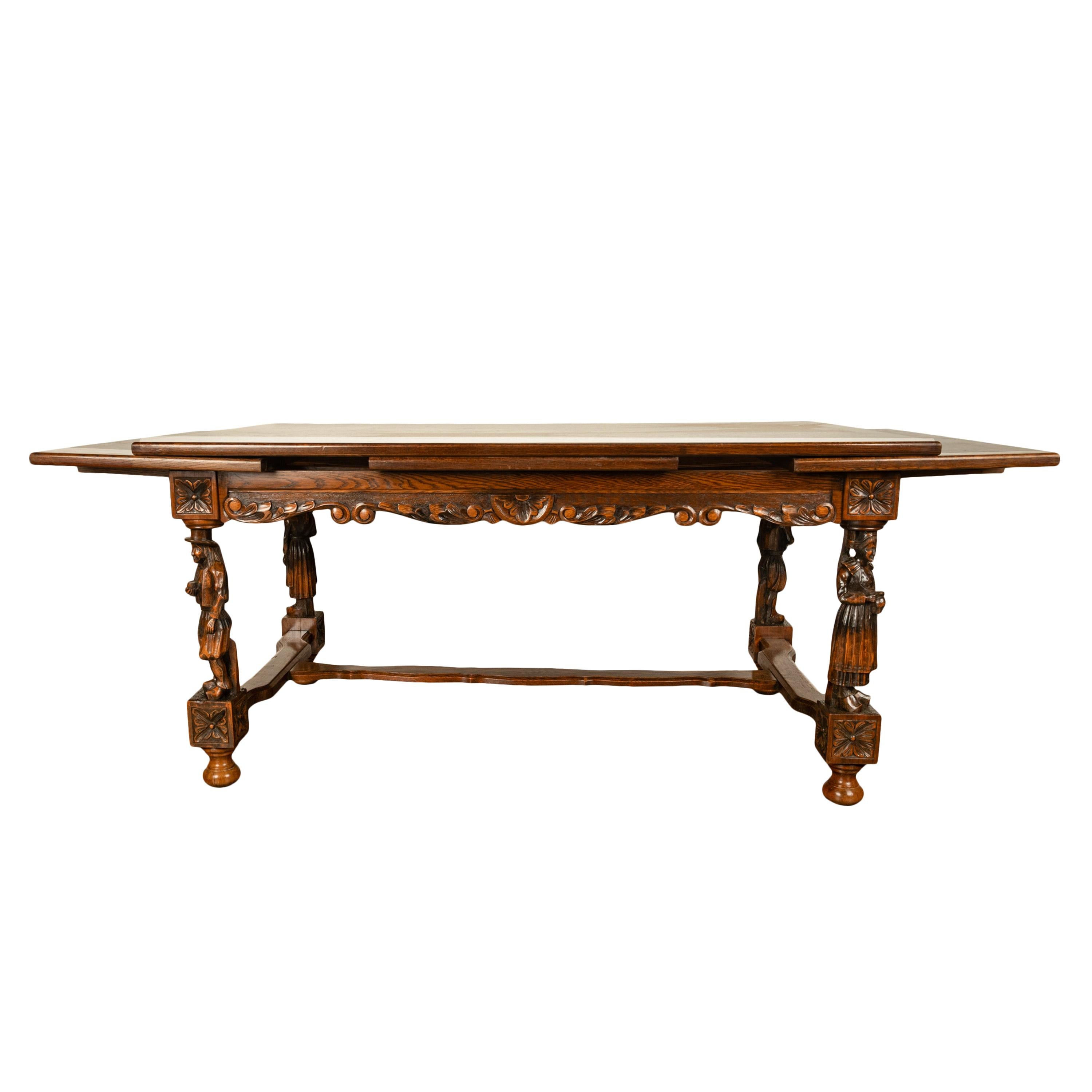 Antique Carved Figural French Breton Inlaid Dining Extending Table Brittany 1900 For Sale 2