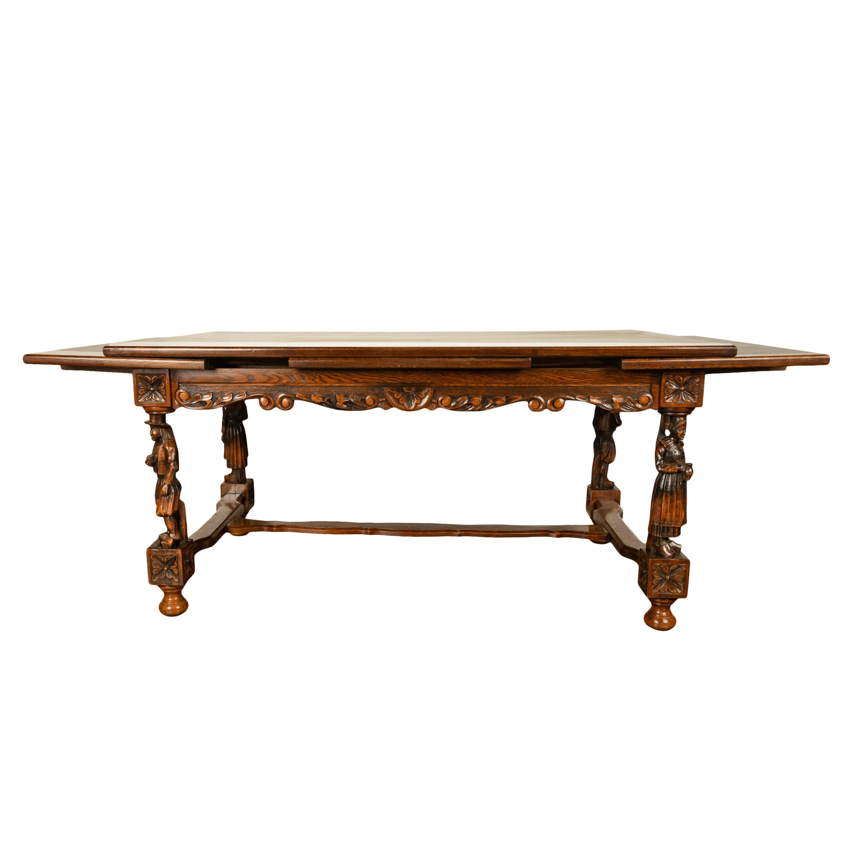 Antigua Mesa Extensible de Comedor Bretona Francesa Tallada con Incrustaciones Bretaña 1900 principios del siglo XX