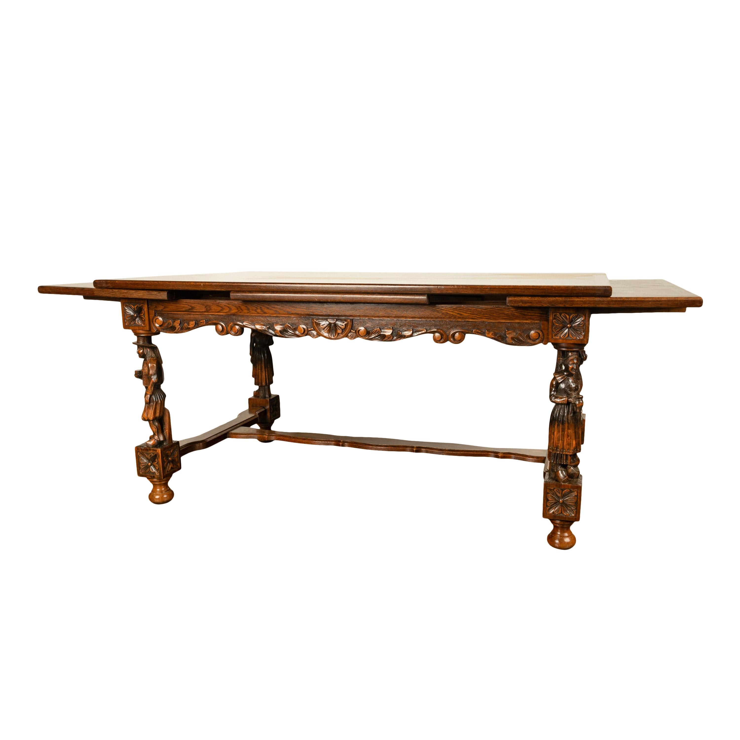 Antique Carved Figural French Breton Inlaid Dining Extending Table Brittany 1900 For Sale 3