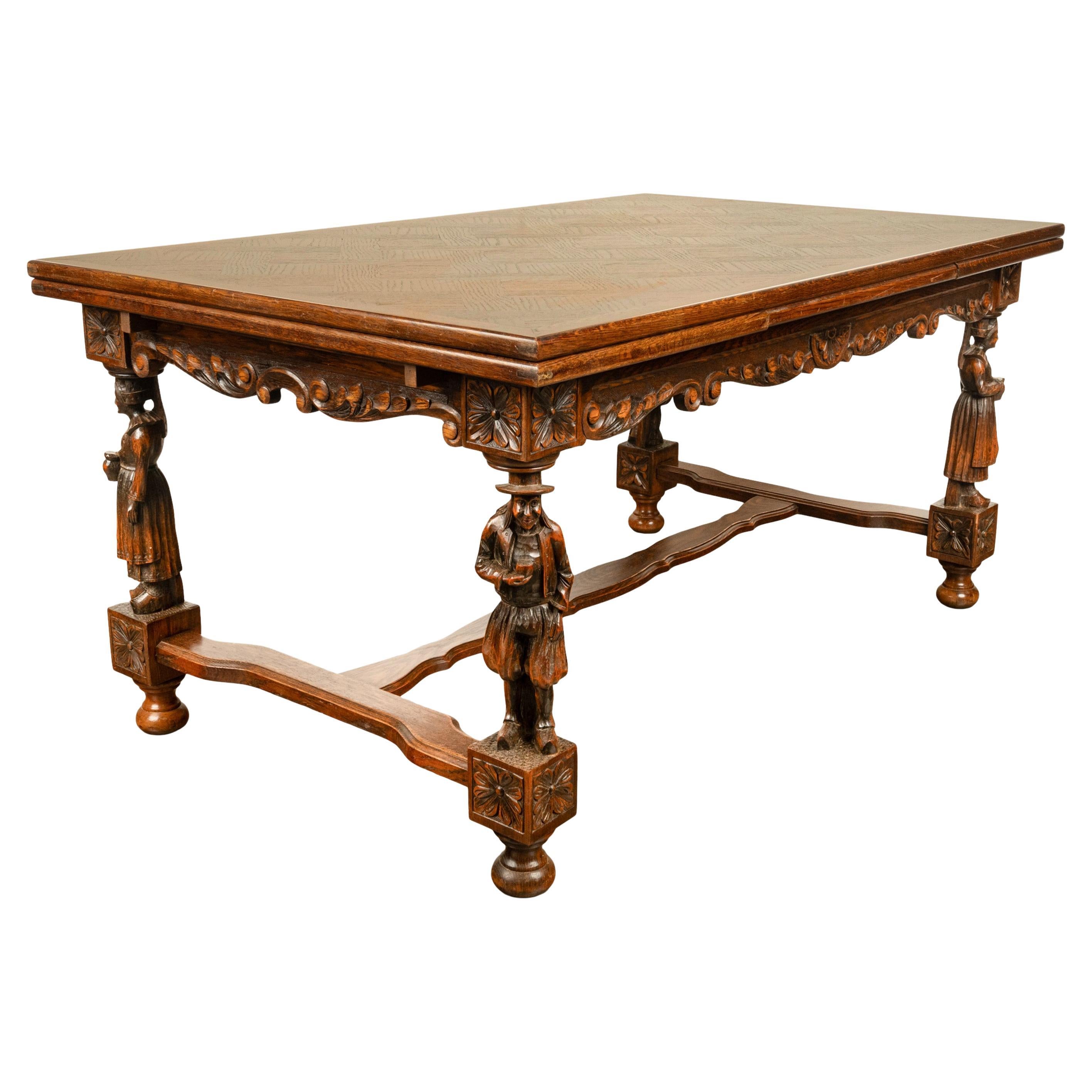 Antique Carved Figural French Breton Inlaid Dining Extending Table Brittany 1900 For Sale