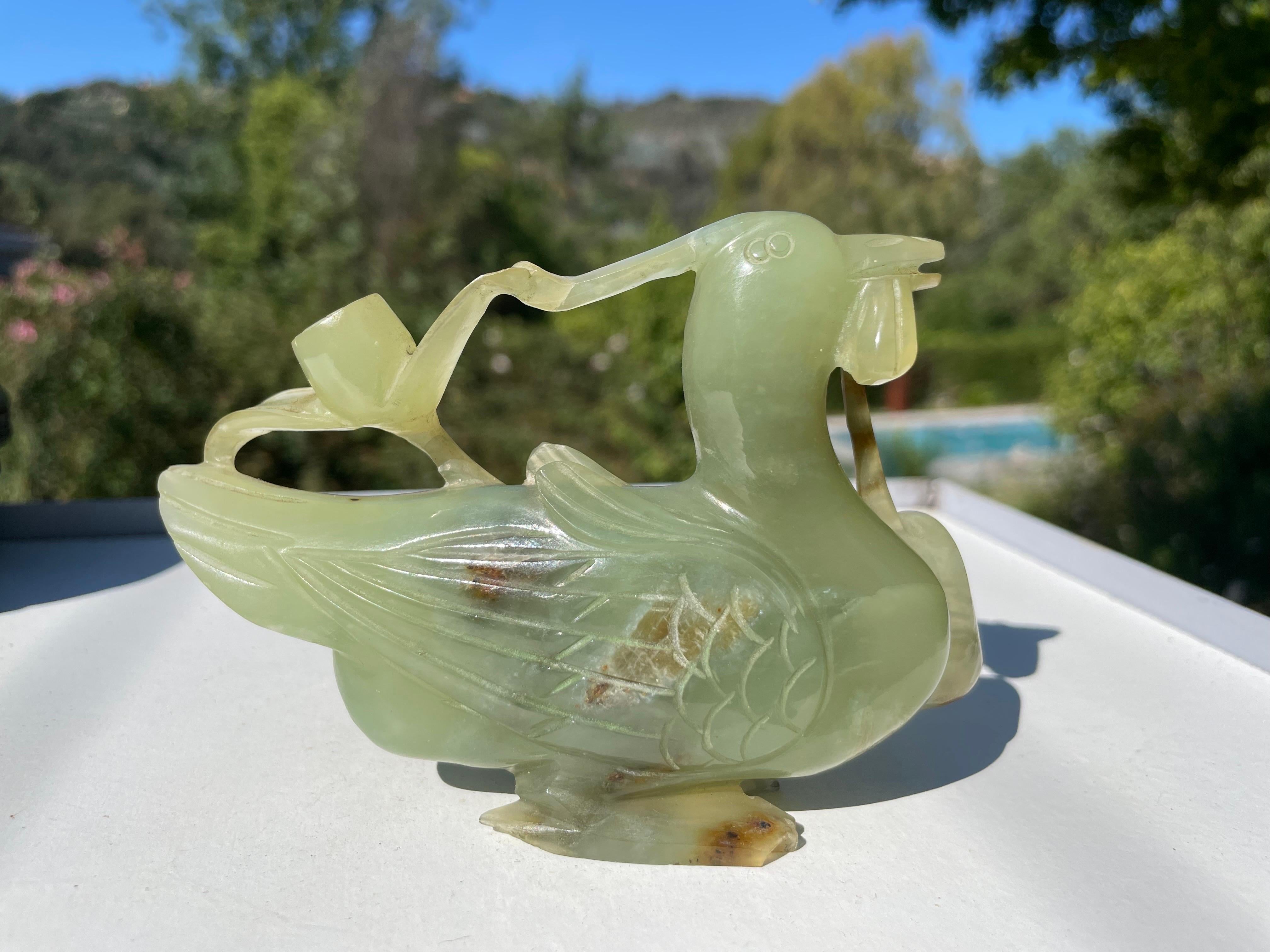 Chinoiserie Antique Carved Figure, an Oriental, Jade Study of Bird of Para, China 20th For Sale