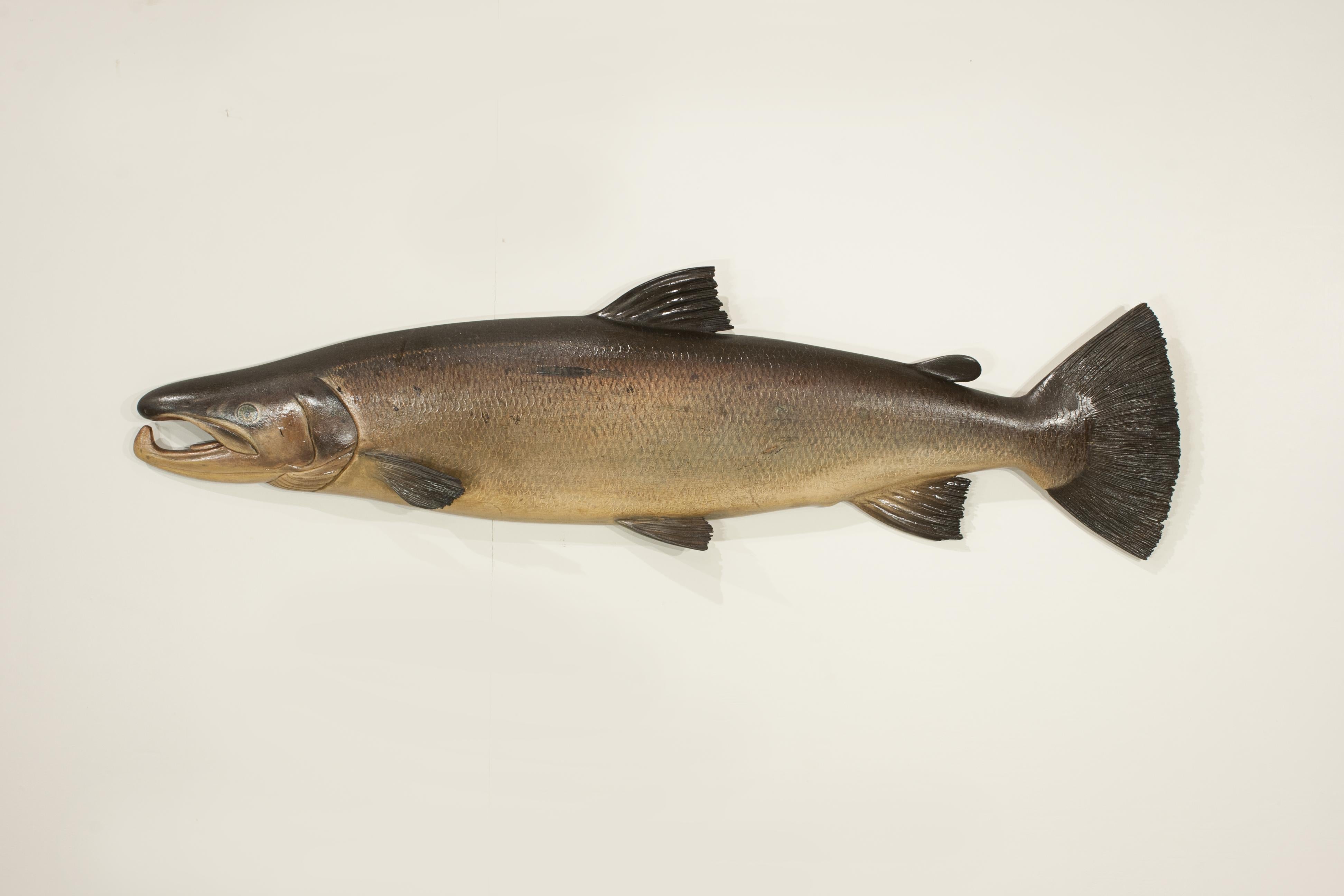 Pine Antique Carved Fish Trophy of a Fochaber Salmon. For Sale