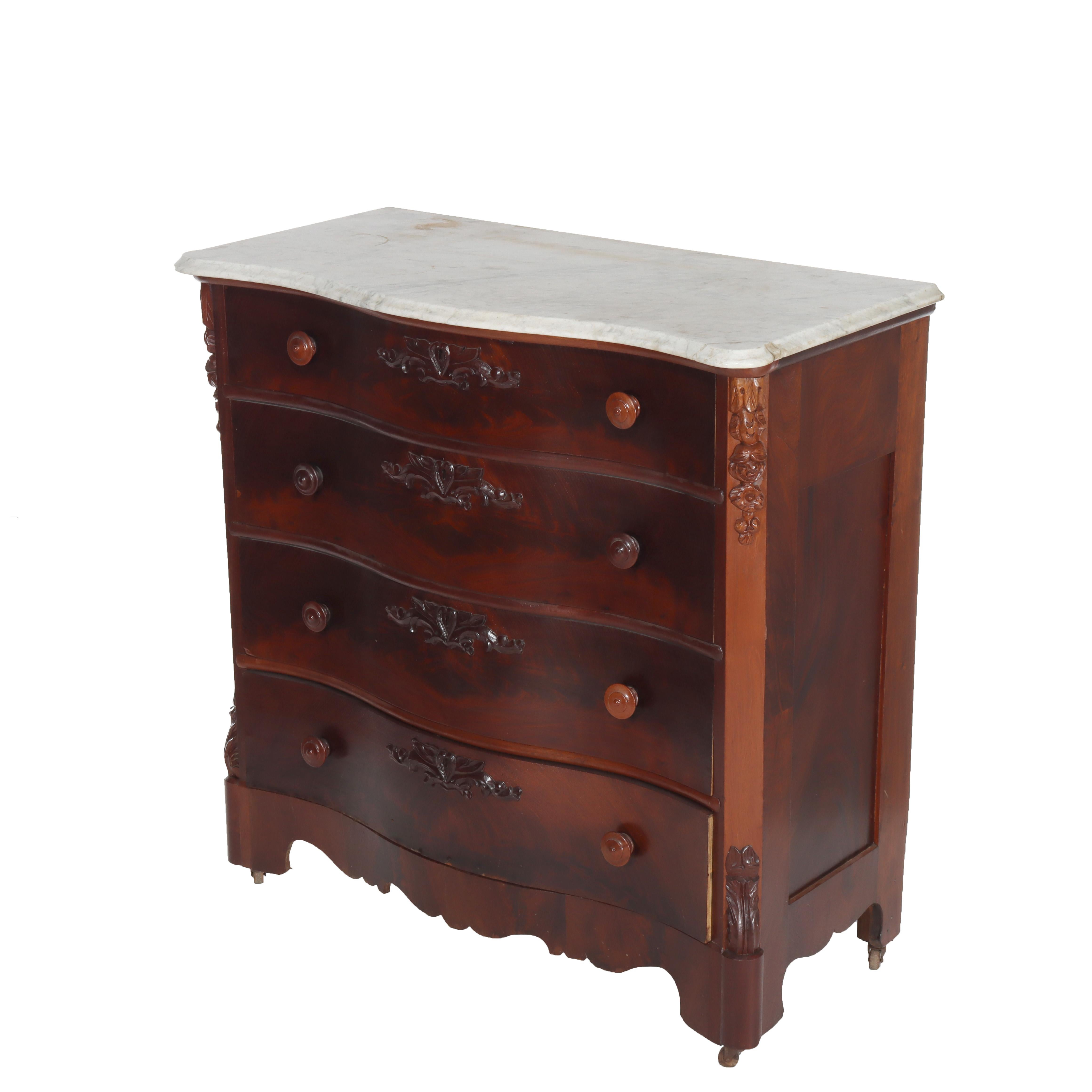 Ancienne commode à 4 tiroirs en acajou flammé serpentin avec dessus en marbre C1890

Mesures - 40 1/4